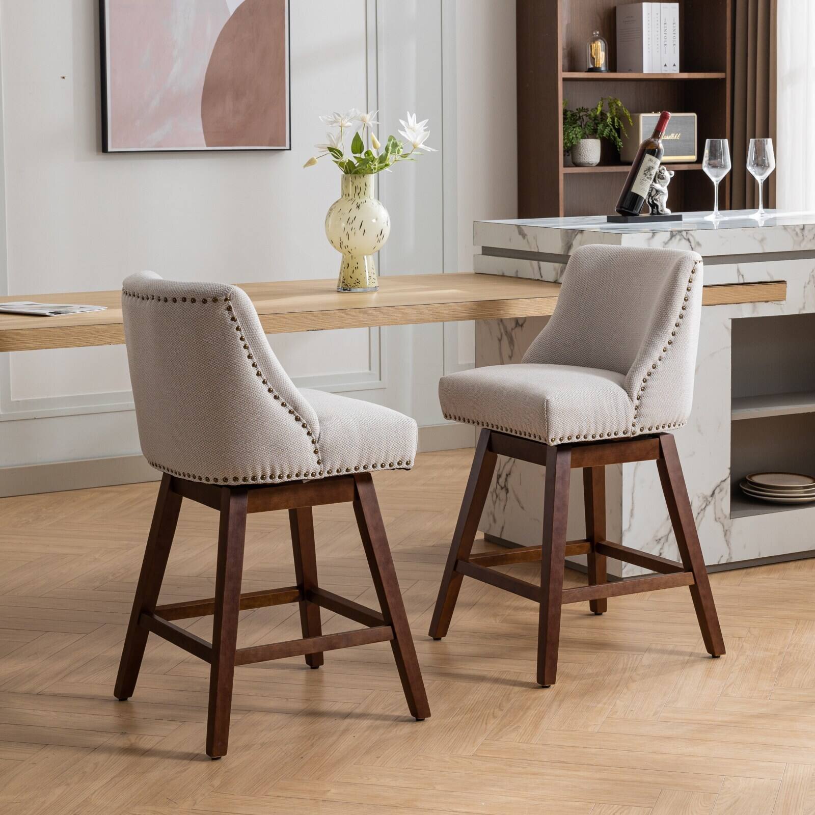 Alt View 2. Trinkets Crazed - Counter Height Swivel Barstools Set of 2, 26'' H Seat Height Upholstered Bar Stools, Fabric - Beige.