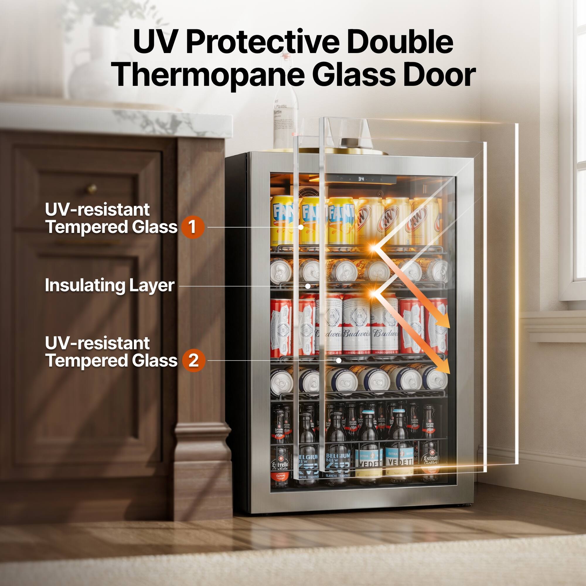 UV Protective Double Thermopane Glass Door

- UV-resistant Tempered Glass 1
- Insulating Layer
- UV-resistant Tempered Glass 2