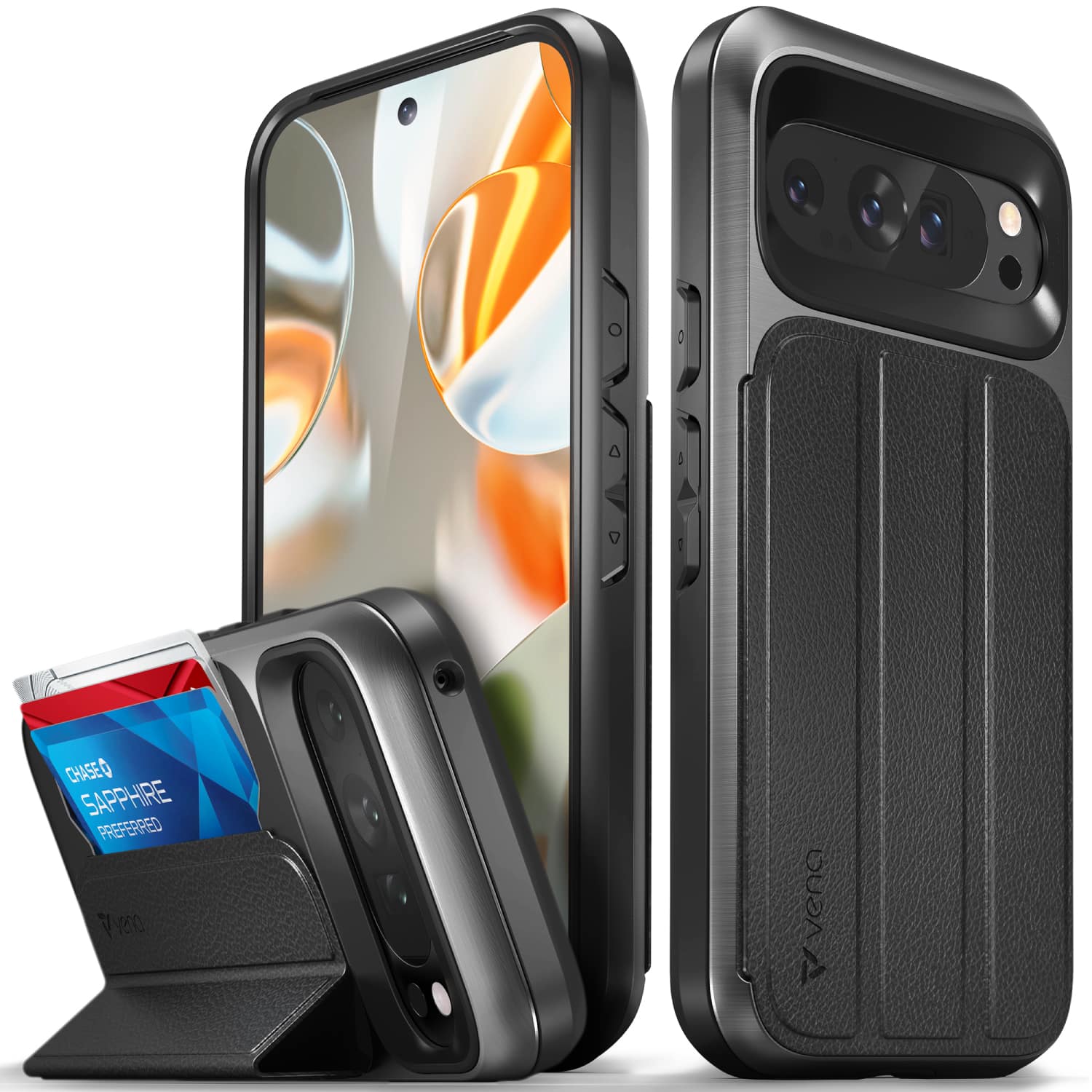 Vena - vCommute Wallet Case for Google Pixel 9 / 9 Pro Case, Leather Flip Cover with Card Slot and Kickstand - Black