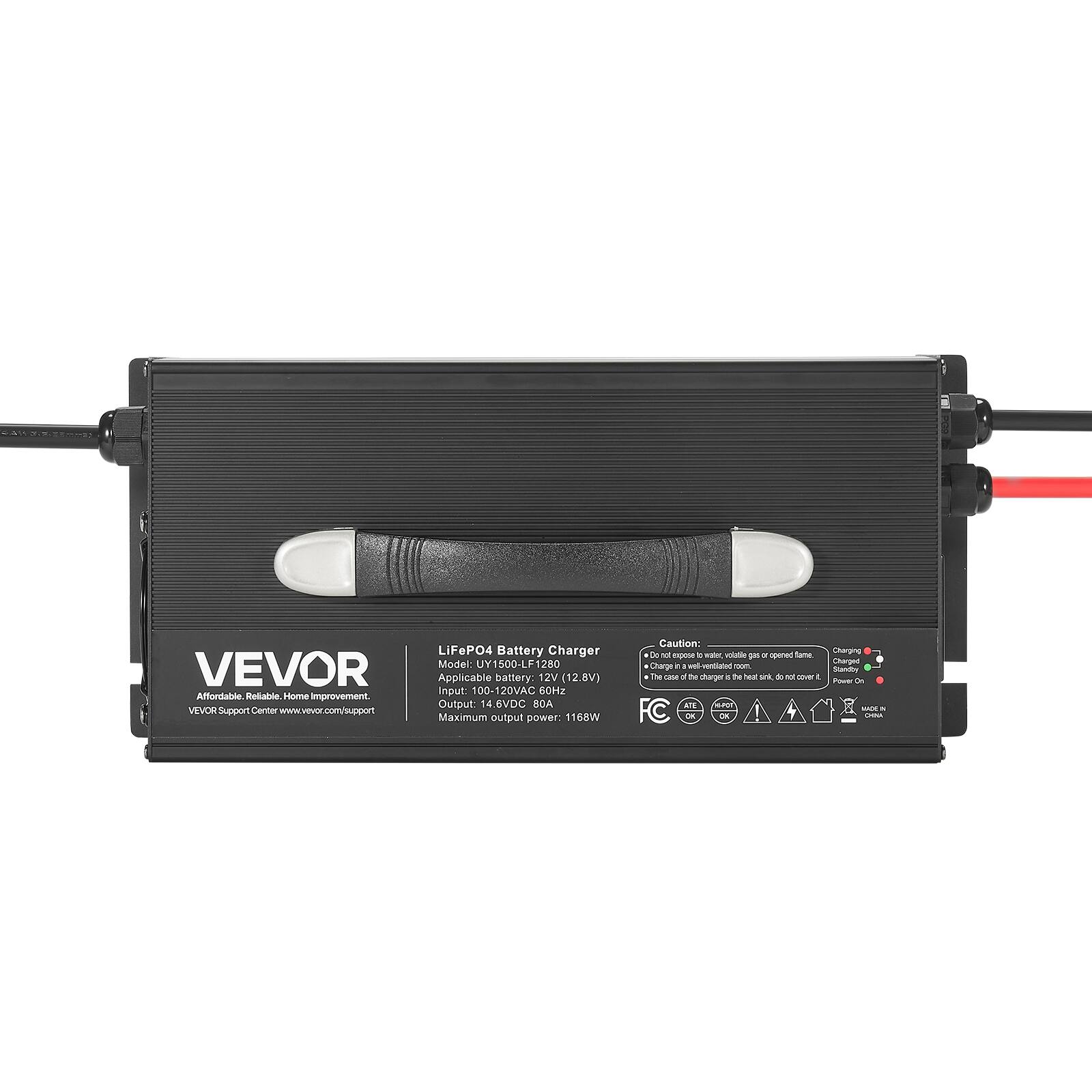 Faming  
LiFeP04 Battery Charger  
Model: UY1500-LF12  
VEVOR  
Applicable battery: 12V 12.8V  
Input: 100-120VAC 60Hz  
Affordable. Reliable. Home Improvement.  
Output: 14.6VDC 80A  
VEVOR Support Center www.vevor.com/support  
Maximum output power: 1168W  

Caution:  
- Do not expose to water, volatile gas or open flame.  
- The case of the charger is hot, do not cover.  
- Charging expose pm  
- Charged  
- Charge a vol-ventlated  
- Standby  
- 6 The on d be charger the hout sink, do not cover  
- 1 Power On  
- ATE  
- FC  
- MADE IN CHINA