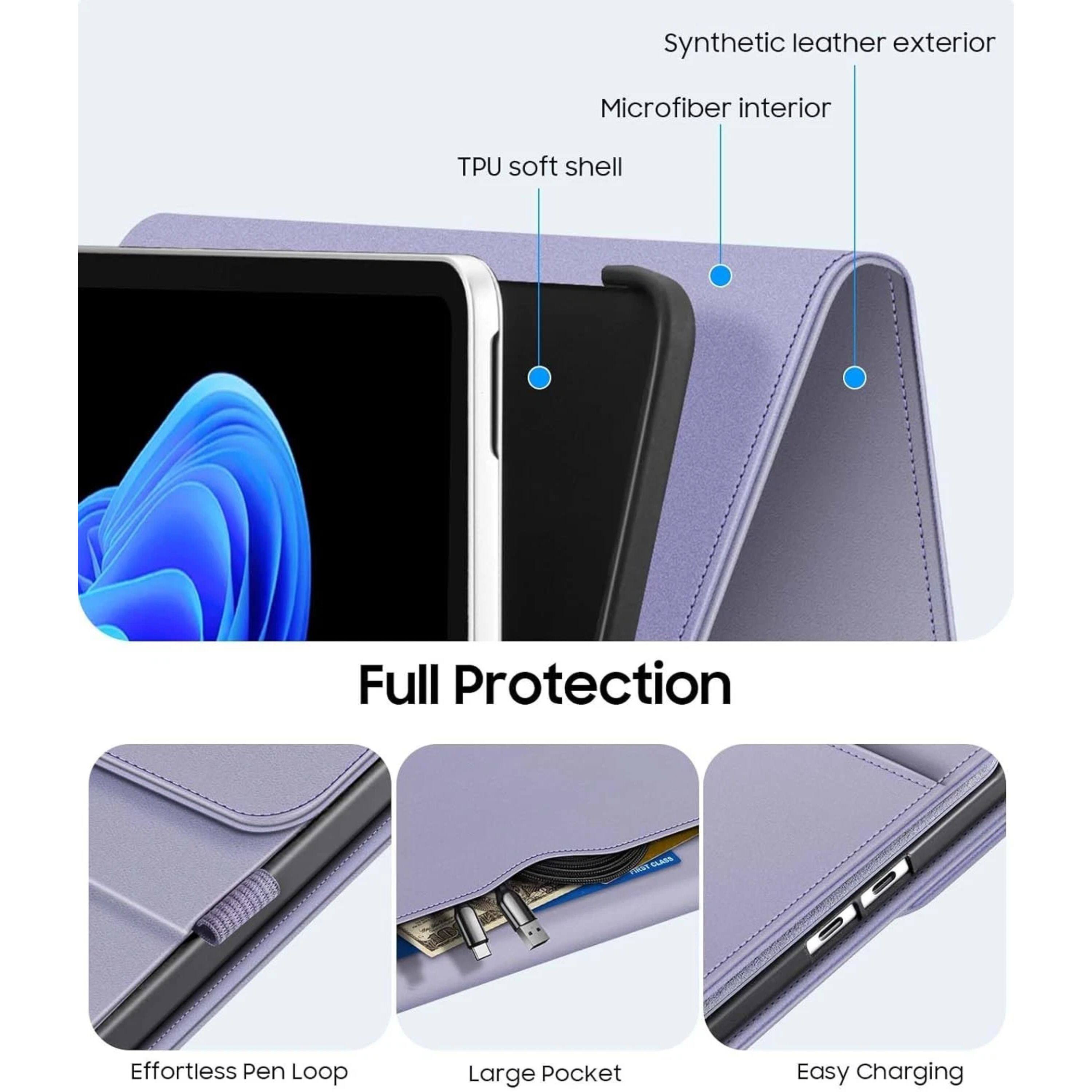 Synthetic leather exterior  
Microfiber interior  
TPU soft shell  
Full Protection  

Effortless Pen Loop  
Large Pocket  
Easy Charging