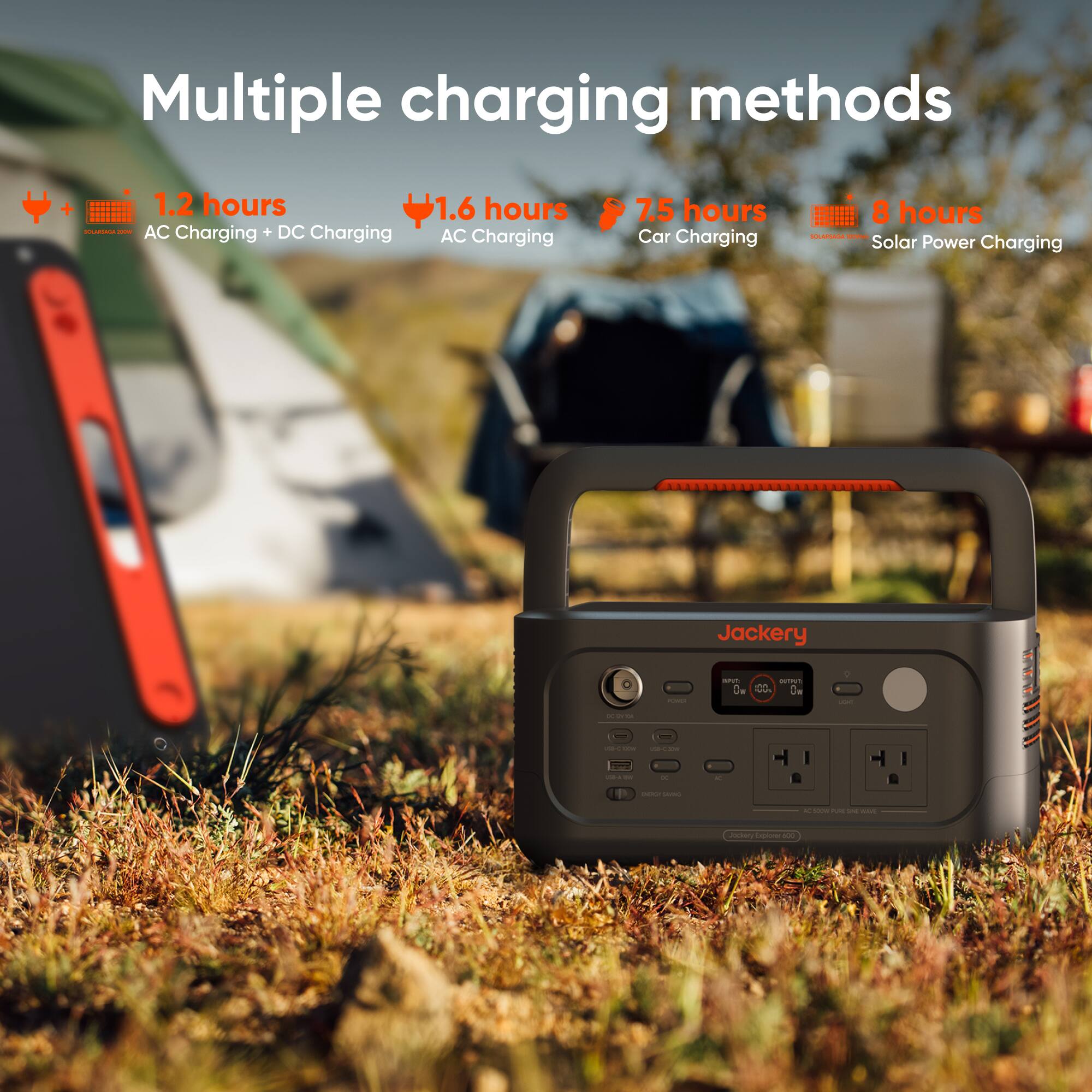Multiple charging methods

- 1.2 hours AC Charging + DC Charging
- 1.6 hours AC Charging
- 7.5 hours Car Charging
- 8 hours Solar Power Charging

Jackery