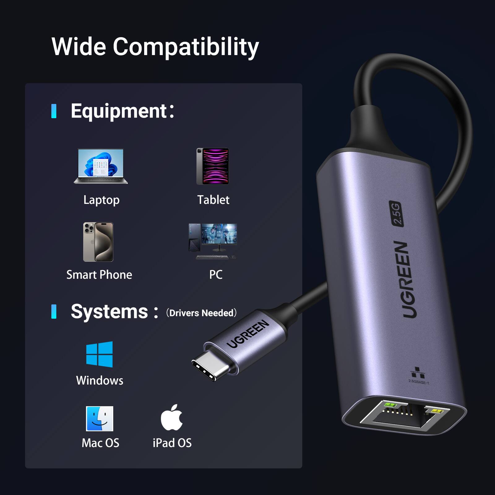 Wide Compatibility

Equipment:
- Laptop
- Tablet
- Smart Phone
- PC

Systems:
- Windows
- Mac OS
- iPad OS

(Drivers Needed)