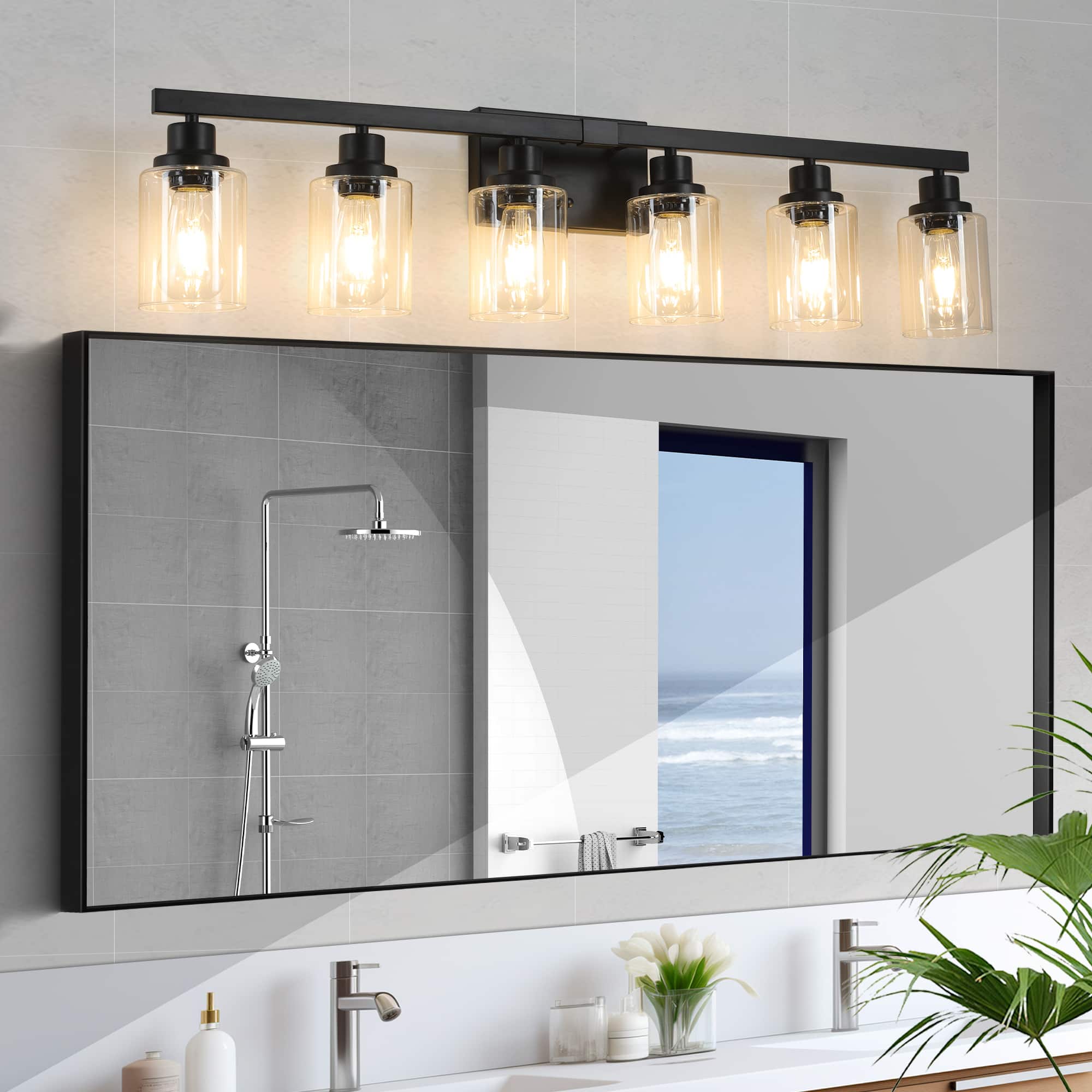 APRILSOUL - 37 Inch Modern 6-Light Bathroom Vanity Light Fixture - Black Finish with Clear Glass Shades No Bulbs