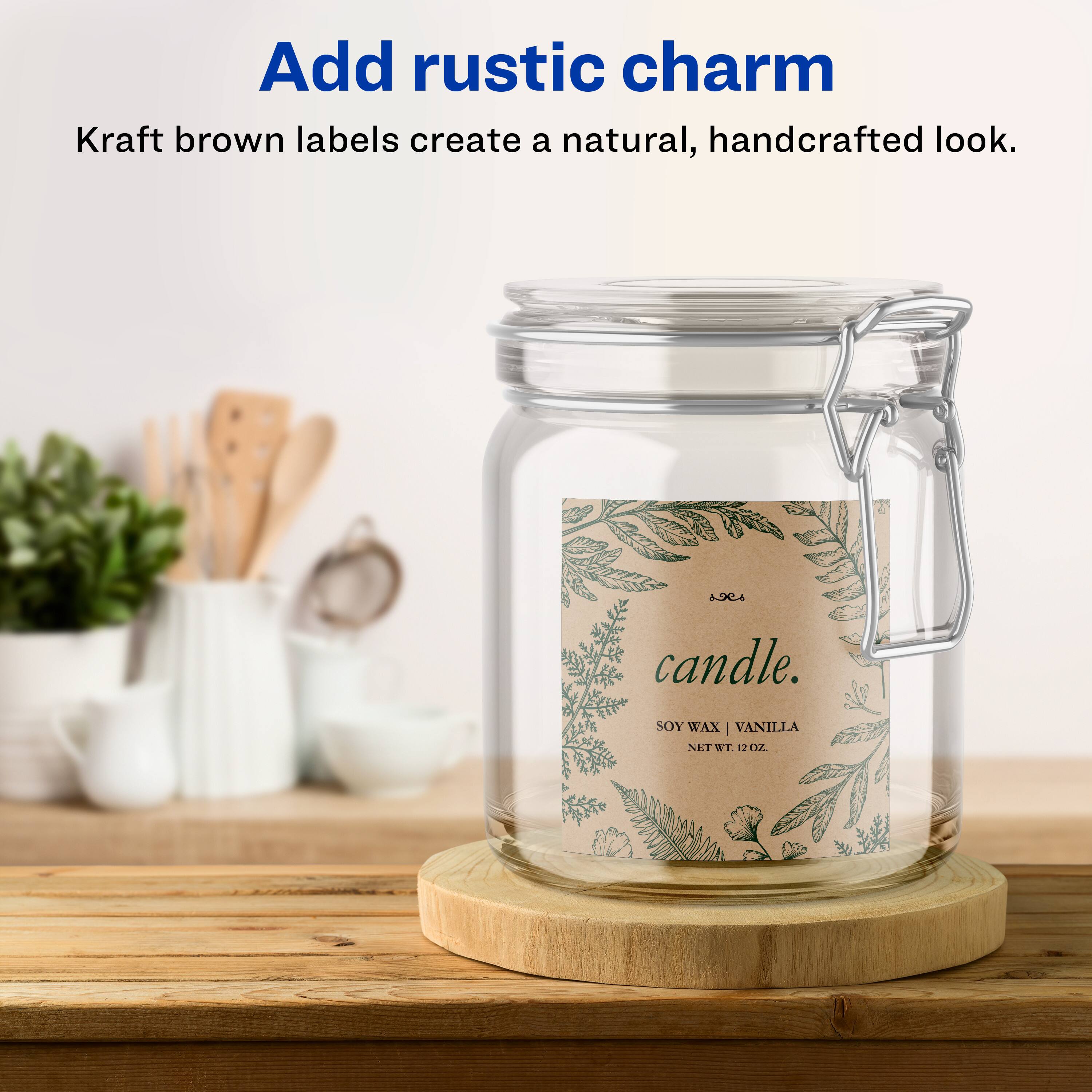Add rustic charm  
Kraft brown labels create a natural, handcrafted look.  

candle.  
SOY WAX | VANILLA  
NET WT. 12 OZ