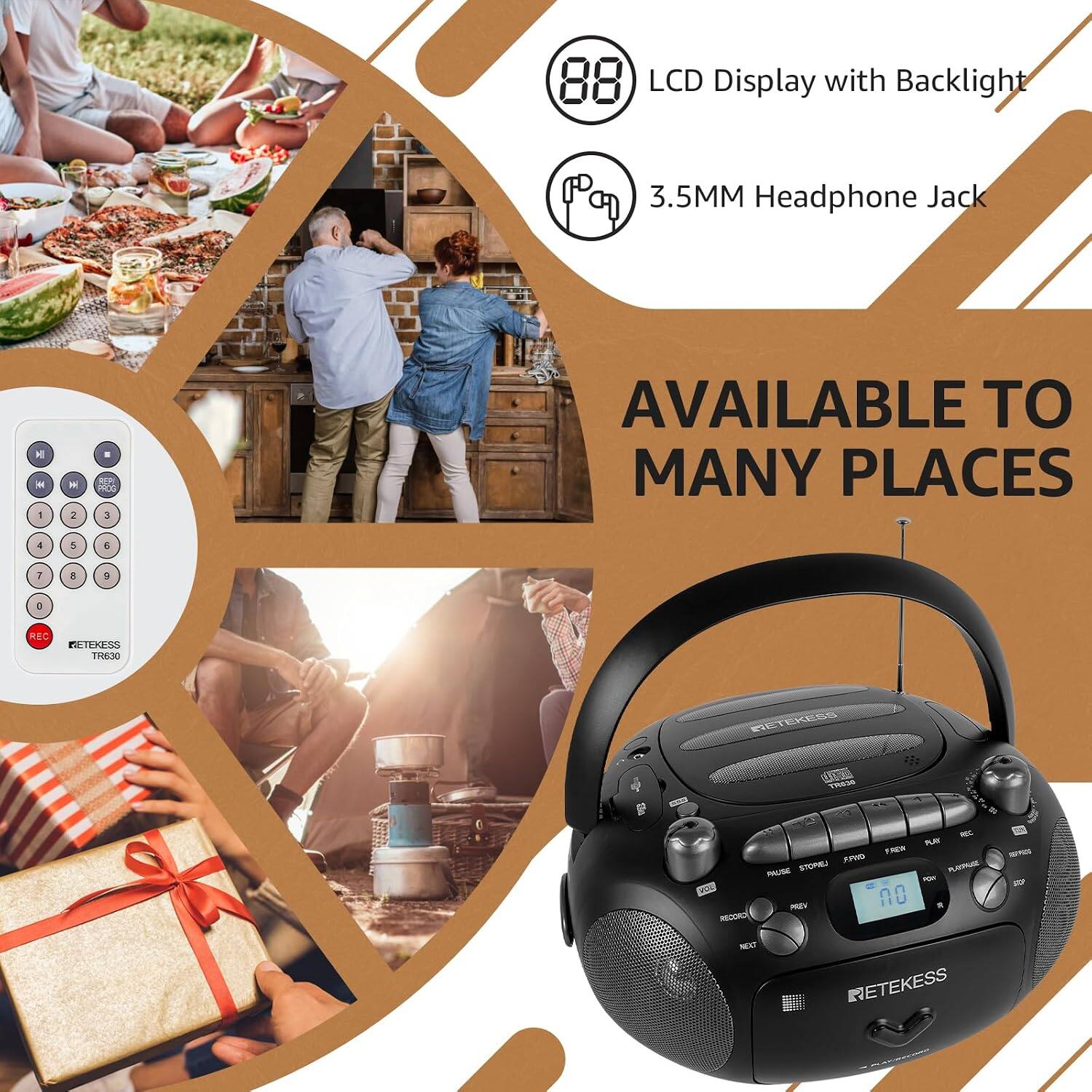 LCD Display with Backlight  
3.5MM Headphone Jack  
AVAILABLE TO MANY PLACES  
RETEKESS TR630  
176020  
PLAY FREW FRID PAUSE STOREJ PLAYE POW VOR PRIV 8 RECORD  
NEXT
