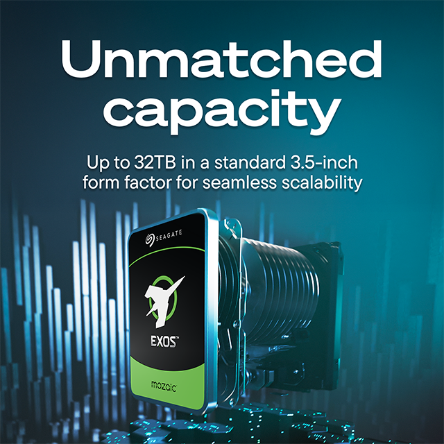 Unmatched capacity  
Up to 32TB in a standard 3.5-inch form factor for seamless scalability  
SEAGATE  
EXOS  
mozaic