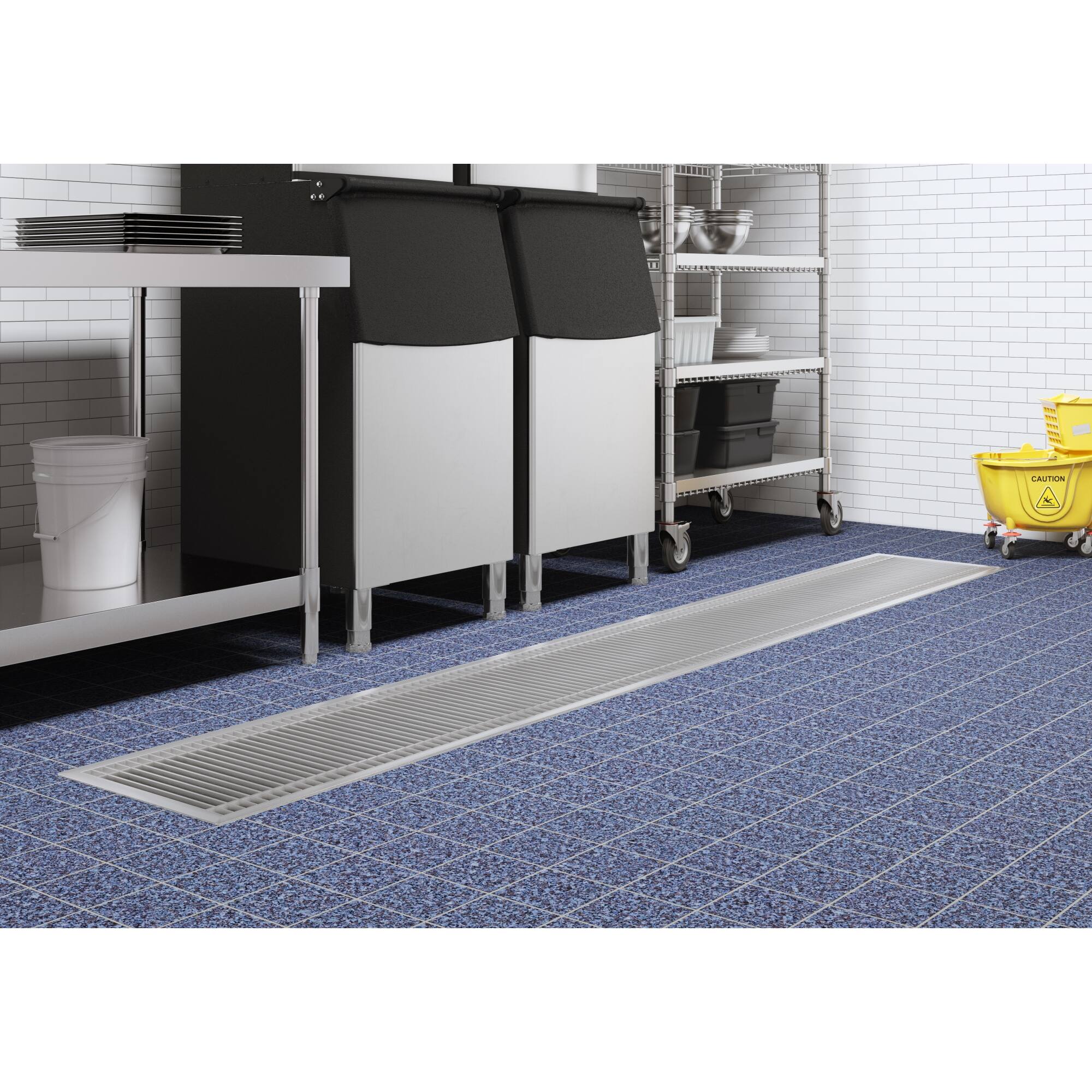 Left. Koolmore - 18" x 120" Stainless Steel Floor Trough Drain, 14-Gauge with Subway-Style Grating & Removable Drain Basket, NSF Listed - Stainless-Steel.