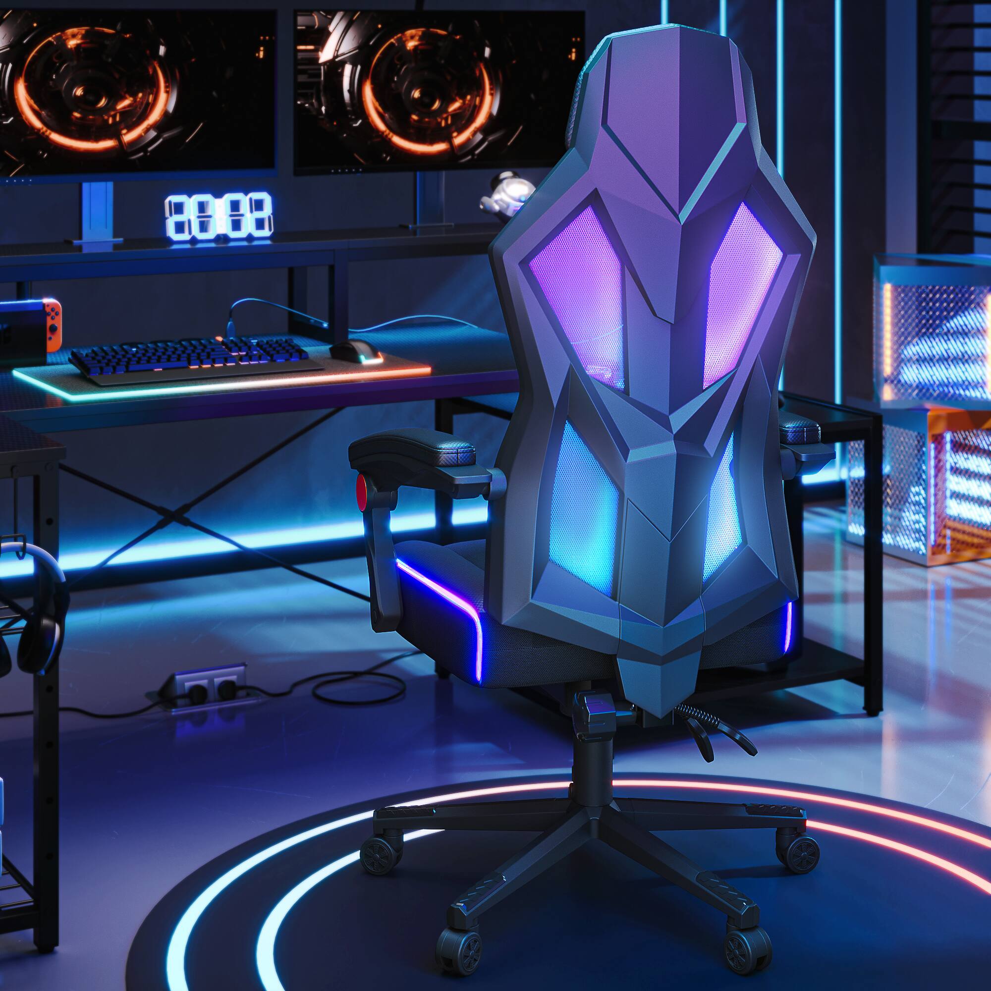 Left. Bestier - RGB Gaming Chair with LED Lights Ergonomic Spring Cushion & Breathable Mesh Back - Red.