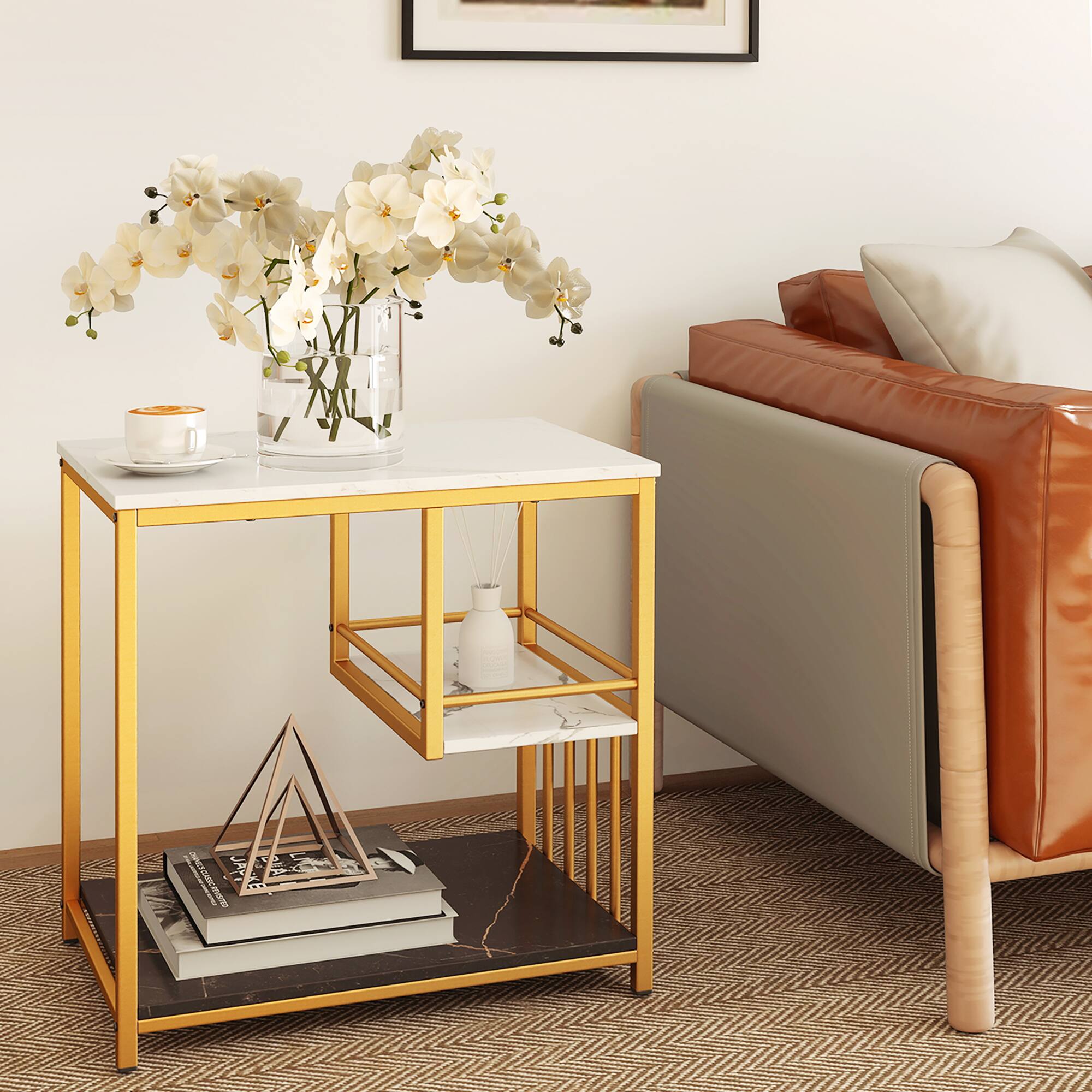 Alt View 1. Gymax - Gymax End Table 3-Tier Faux Marble Side Table w/ Storage Shelves Luxury Rectangular Sofa Side Table - Marble & Golden.
