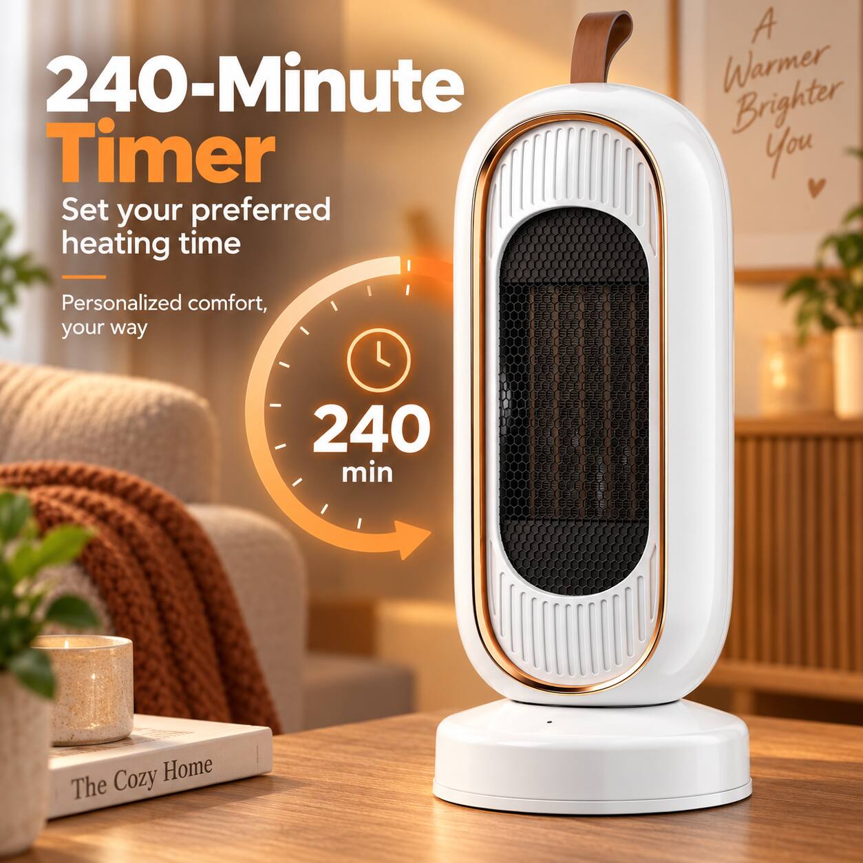 240-Minute Timer  
Set your preferred heating time  
Personalized comfort, your way  
240 min  
A Warmer Brighter You  
The Cozy Home