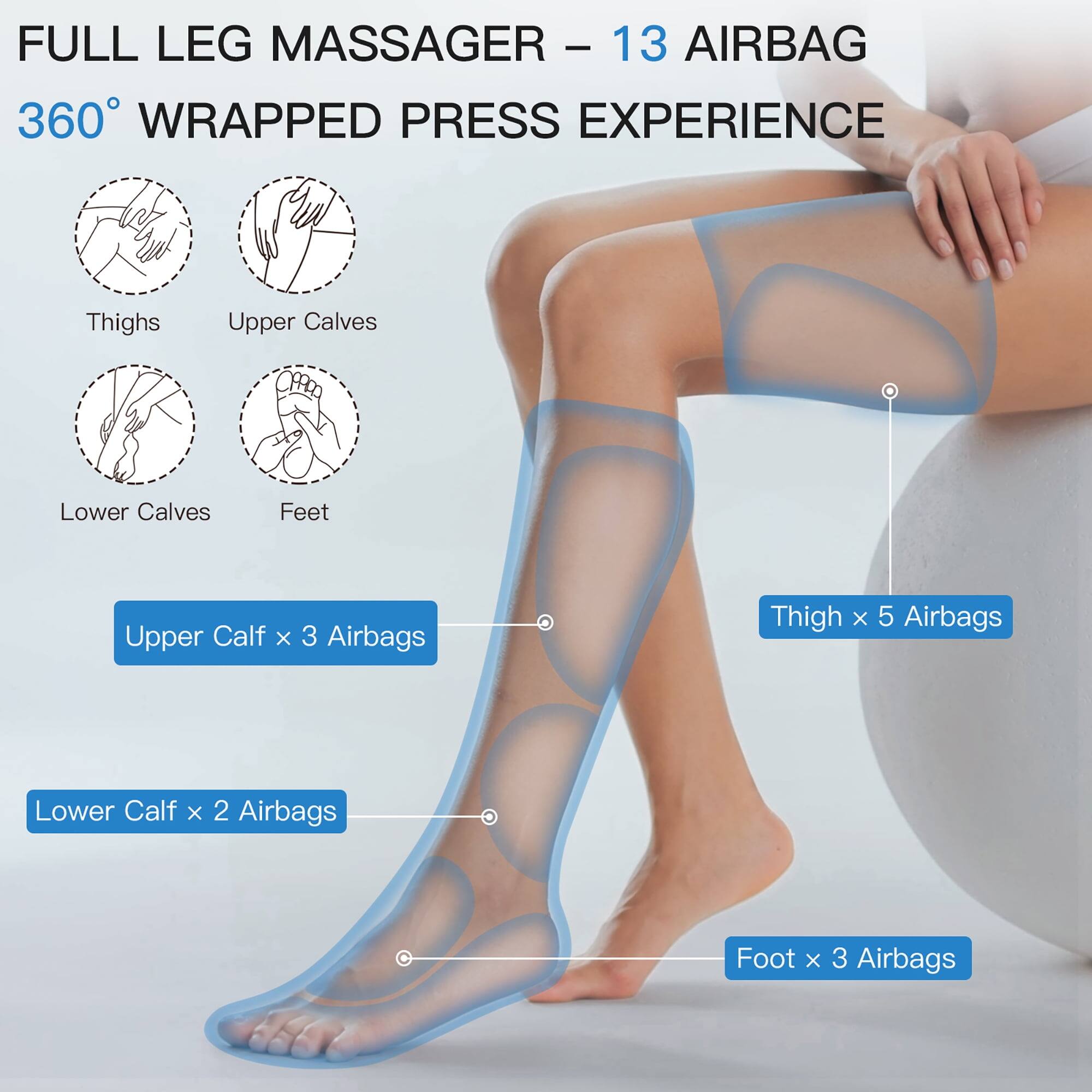 FULL LEG MASSAGER - 13 AIRBAG 360 WRAPPED PRESS EXPERIENCE

Thighs
Upper Calves
Lower Calves
Feet

Upper Calf x 3 Airbags
Thigh x 5 Airbags
Lower Calf x 2 Airbags
Foot x 3 Airbags