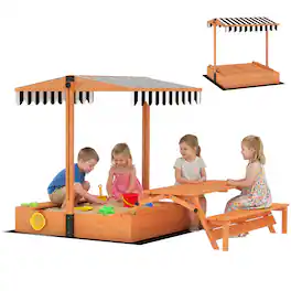 Qaba - Sandbox with Lid, Wooden Sand Pit with Canopy, Foldable Picnic Table, Bench Seats, Bottom Liner - Brown
