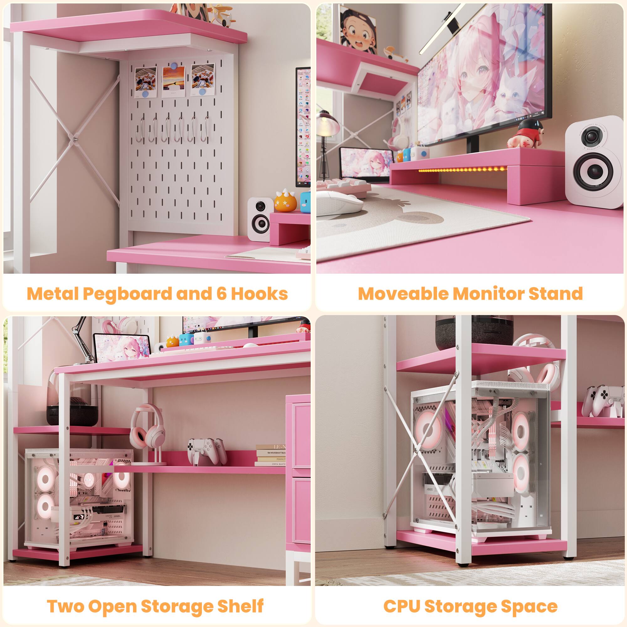 Metal Pegboard and 6 Hooks  
Moveable Monitor Stand  
Two Open Storage Shelf  
CPU Storage Space