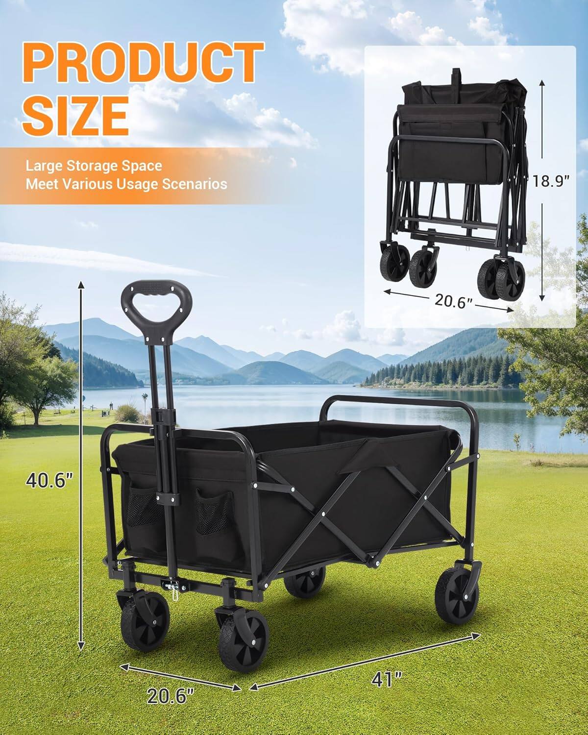 PRODUCT SIZE  
Large Storage Space  
Meet Various Usage Scenarios  

- Width: 20.6"  
- Depth: 20.6"  
- Height: 18.9"  
- Overall Length: 41"  
- Overall Width: 40.6"
