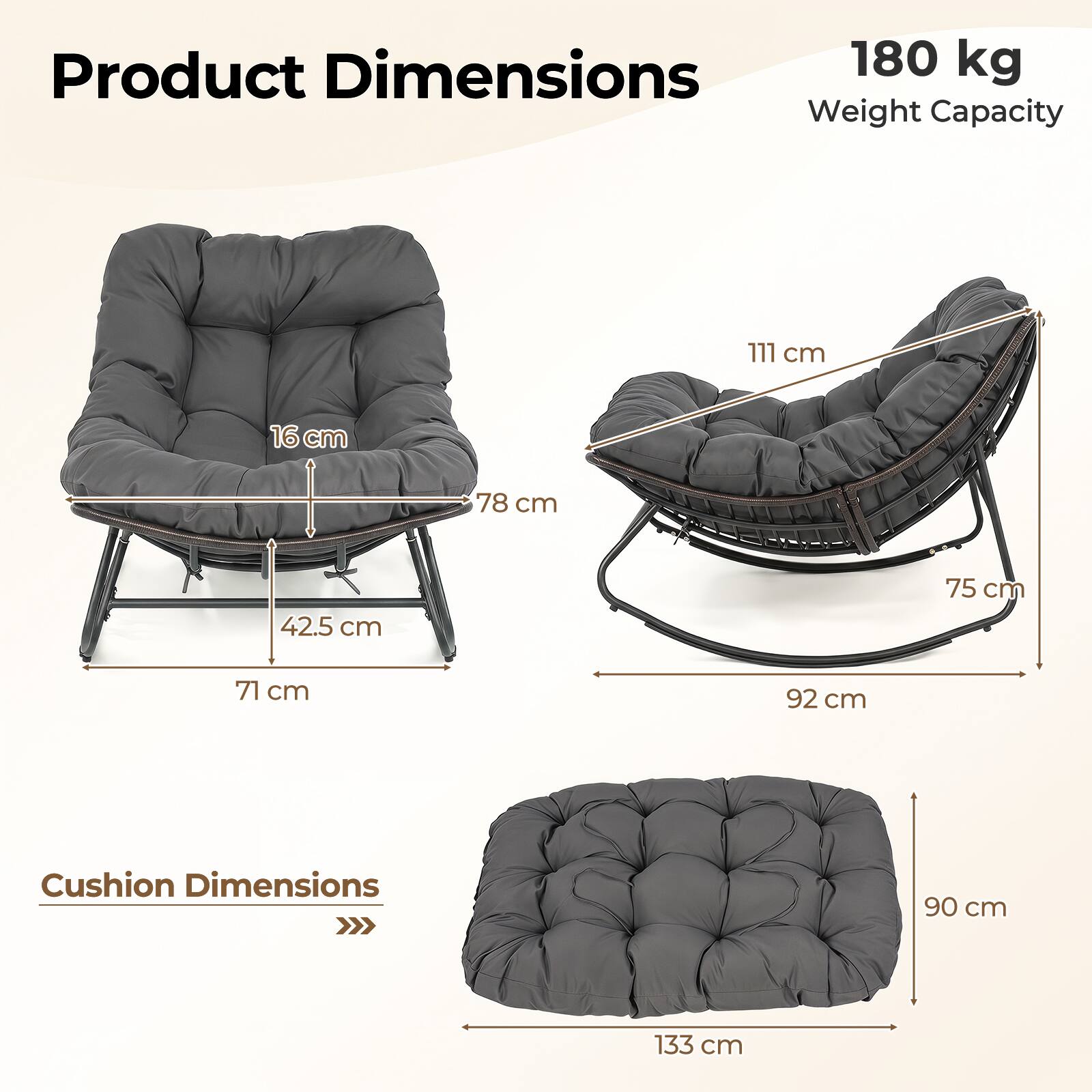 Product Dimensions: 180 kg Weight Capacity, 111 cm, 16 cm, 78 cm, 42.5 cm, 75 cm, 71 cm, 92 cm  
Cushion Dimensions: 90 cm, 133 cm