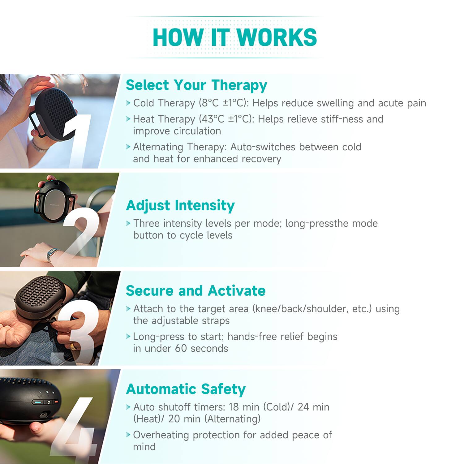 HOW IT WORKS

Select Your Therapy
- Cold Therapy (8°C ±1°C): Helps reduce swelling and acute pain
- Heat Therapy (43°C ±1°C): Helps relieve stiffness and improve circulation
- Alternating Therapy: Auto-switches between cold and heat for enhanced recovery

Adjust Intensity
- Three intensity levels per mode; long-press the mode button to cycle levels

Secure and Activate
- Attach to the target area (knee/back/shoulder, etc.) using the adjustable straps
- Long-press to start; hands-free relief begins in under 60 seconds

Automatic Safety
- Auto shutoff timers: 18 min (Cold) / 24 min (Heat) / 20 min (Alternating)
- Overheating protection for added peace of mind