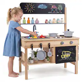 Costway - Outdoor Mud Kitchen for Kids, Wooden Play Pretend Kitchen with Cooking Accessories - Natural