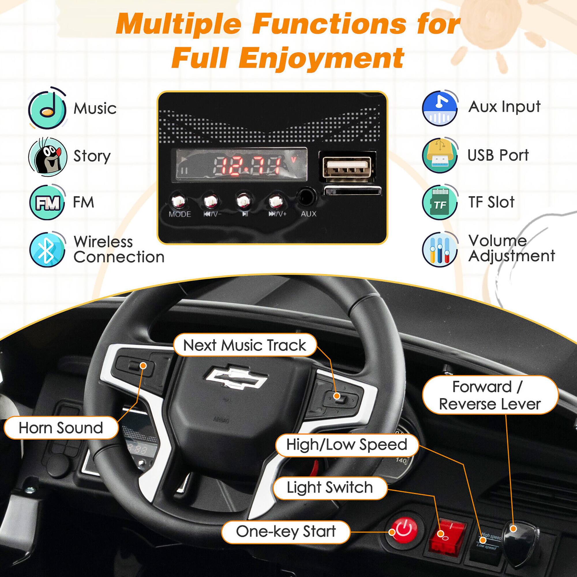 Multiple Functions for Full Enjoyment

- Music
- Story
- FM
- Wireless Connection
- Aux Input
- USB Port
- TF Slot
- Volume Adjustment
- Next Music Track
- Horn Sound
- Forward / Reverse Lever
- High/Low Speed
- Light Switch
- One-key Start