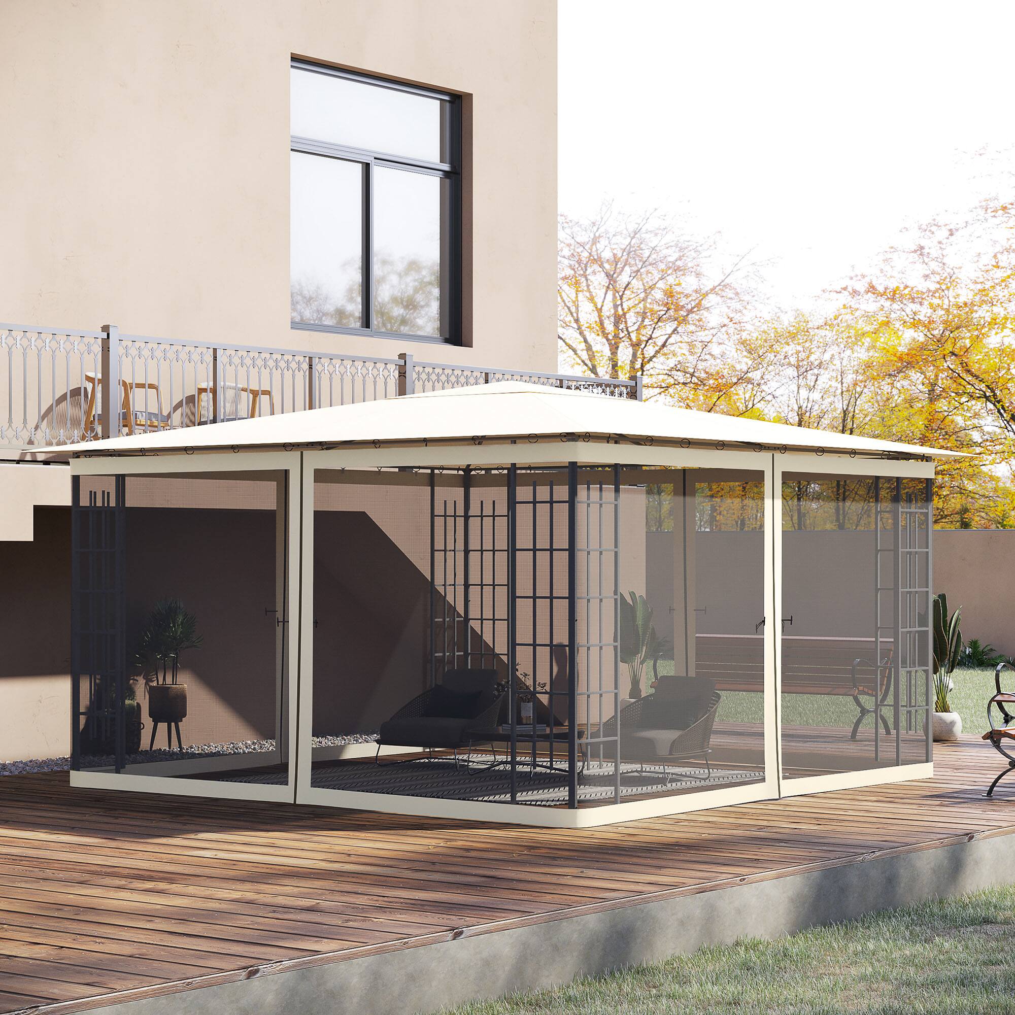 Angle. Outsunny - 13' x 13' Universal Replacement Mesh Sidewall Netting for Patio Gazebos and Canopy Tents with Zippers, Sidewall Only - Cream White.