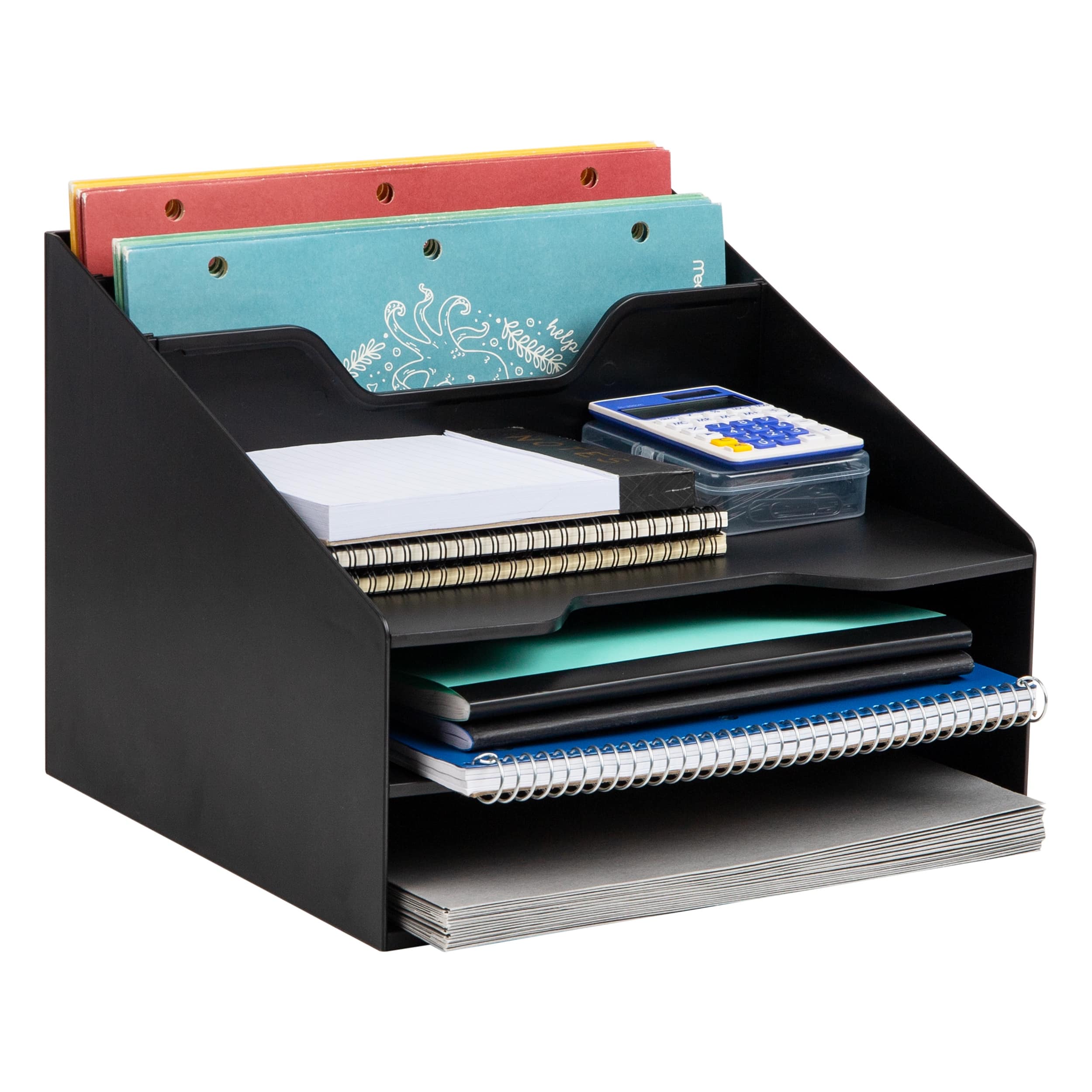 Mind Reader - 3-Tier Desktop Organizer with 5 Compartments, Plastic File Holder for Office, Kitchen, or Home - Black