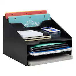 Mind Reader - 3-Tier Desktop Organizer with 5 Compartments, Plastic File Holder for Office, Kitchen, or Home - Black
