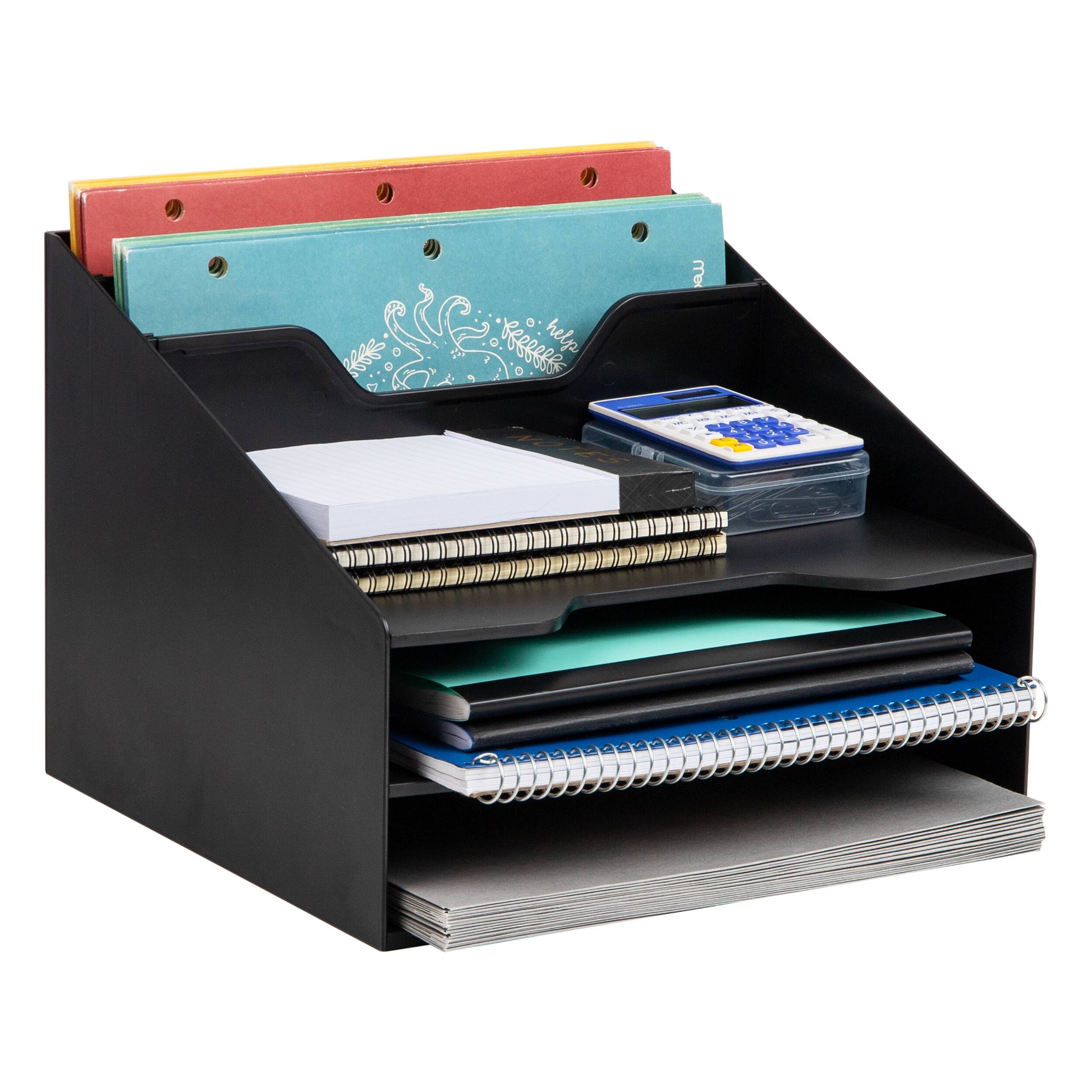 Mind Reader - 3-Tier Desktop Organizer with 5 Compartments, Plastic File Holder for Office, Kitchen, or Home - Black