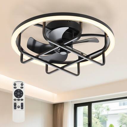Front. Breezary - 20-Inch Caged Flush Mount Ceiling Fan with Acrylic Shade, Dimmable RGB LED, 6-Speed Remote, Timer, DC Motor - 20-Inch Black Caged Ceiling Fan.