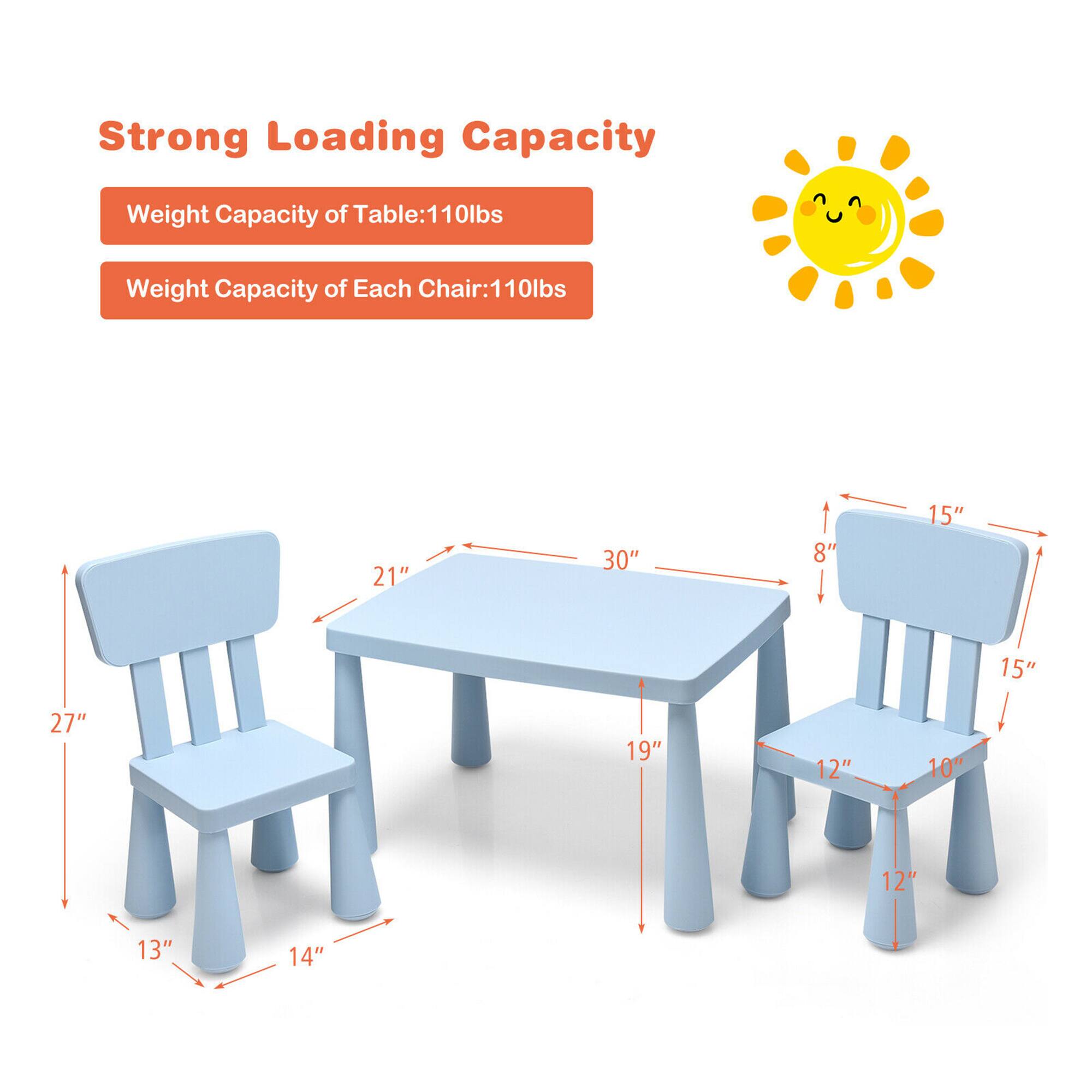 Strong Loading Capacity
Weight Capacity of Table: 110lbs
Weight Capacity of Each Chair: 110lbs

21" 30" 8" 15" 15" 27" 19" 12" 10" 12" 13" 14"