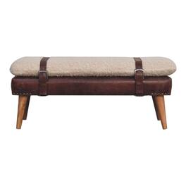 Artisan Furniture - Solid Wood Boucle x Brown Leather Bench, Upholstered - Brown and Cream