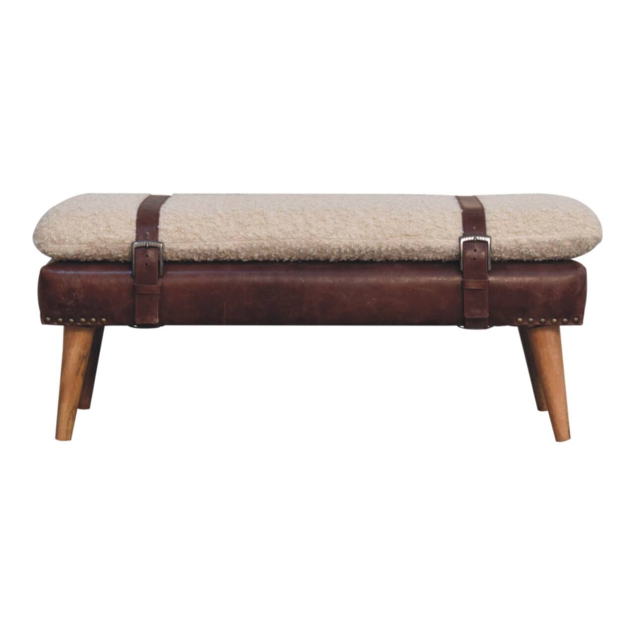 Front. Artisan Furniture - Artisan Furniture Solid Wood Boucle x Brown Leather Bench, Upholstered, Brown and Cream - Brown and Cream.