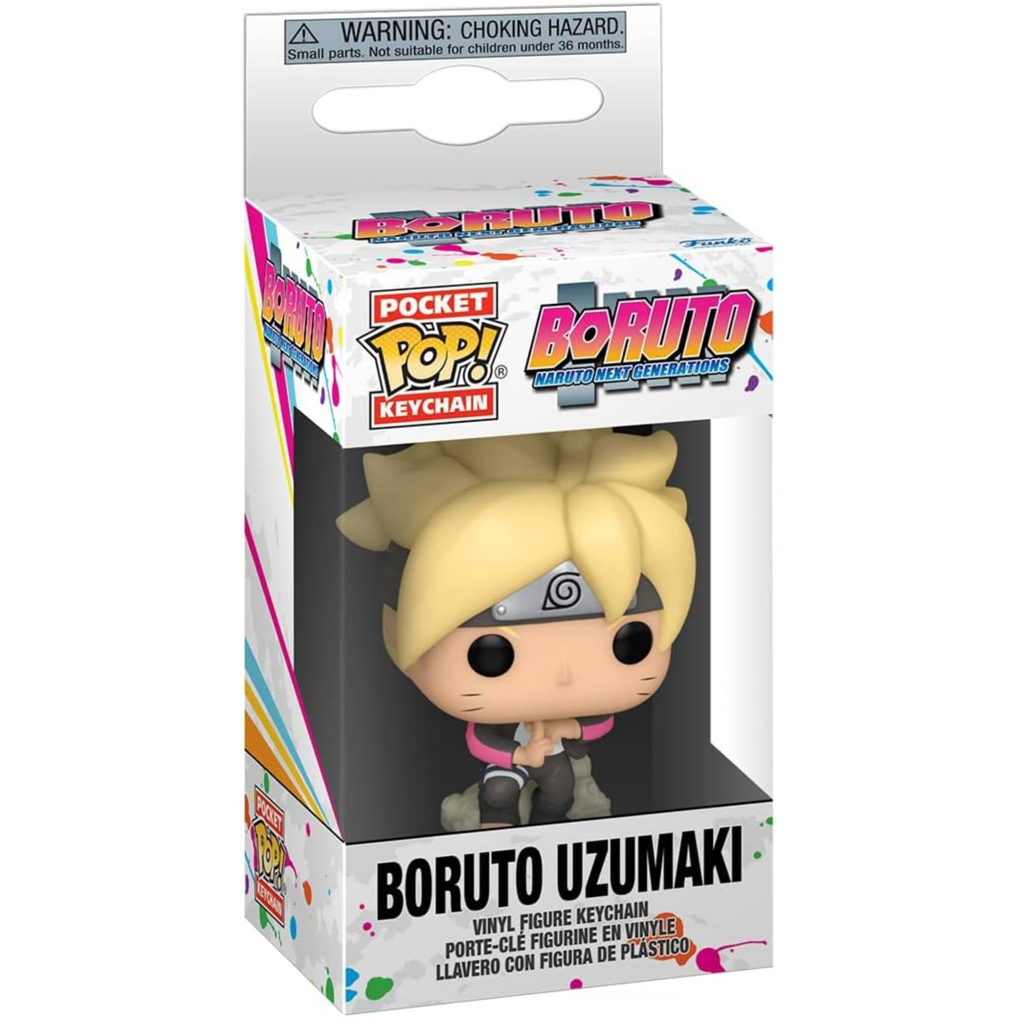 ! WARNING: CHOKING HAZARD. Small parts. Not suitable for children under 36 months.  
POCKET POP! KEYCHAIN  
BORUTO UZUMAKI  
VINYL FIGURE KEYCHAIN  
PORTE-CLÉ FIGURINE EN VINYLE  
LLAVERO CON FIGURA DE PLÁSTICO
