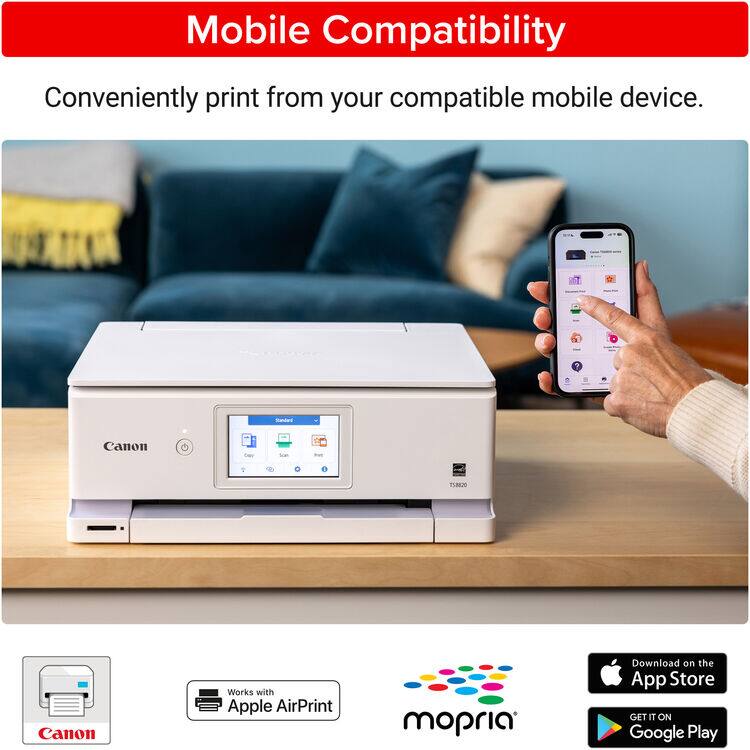 Mobile Compatibility  
Conveniently print from your compatible mobile device.  

Canon Works with Apple AirPrint  
mopria  

Download on the App Store  
GET IT ON Google Play
