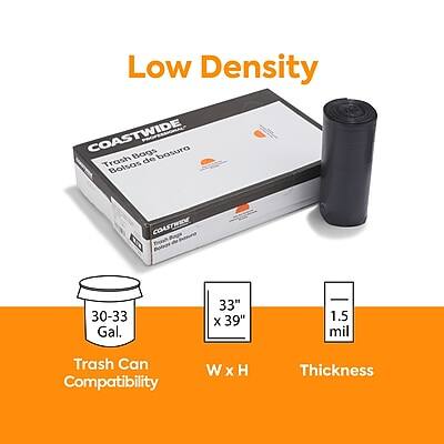 Low Density  
COASTWIDE Bags  
Trash Bags  
Bolsas de basura  

COASTWIDE  
Trash Bags  

30-33 Gal.  
Trash Can Compatibility  

33" x 39"  
W x H  

1.5 mil  
Thickness