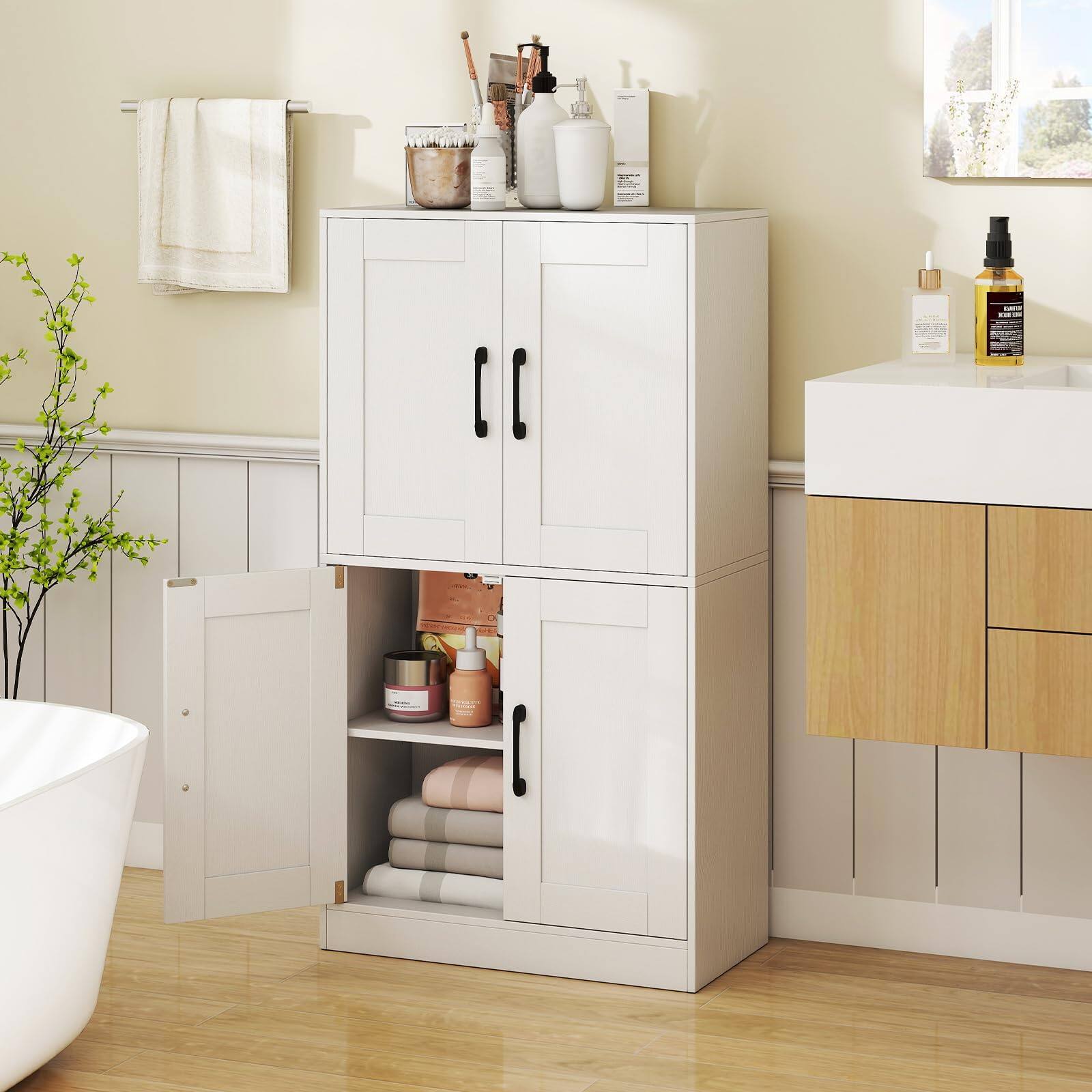 Alt View 1. Ecooso - 43.5" Bathroom Storage Cabinet with Doors, Adjustable Shelves, Freestanding Floor Organizer - White.