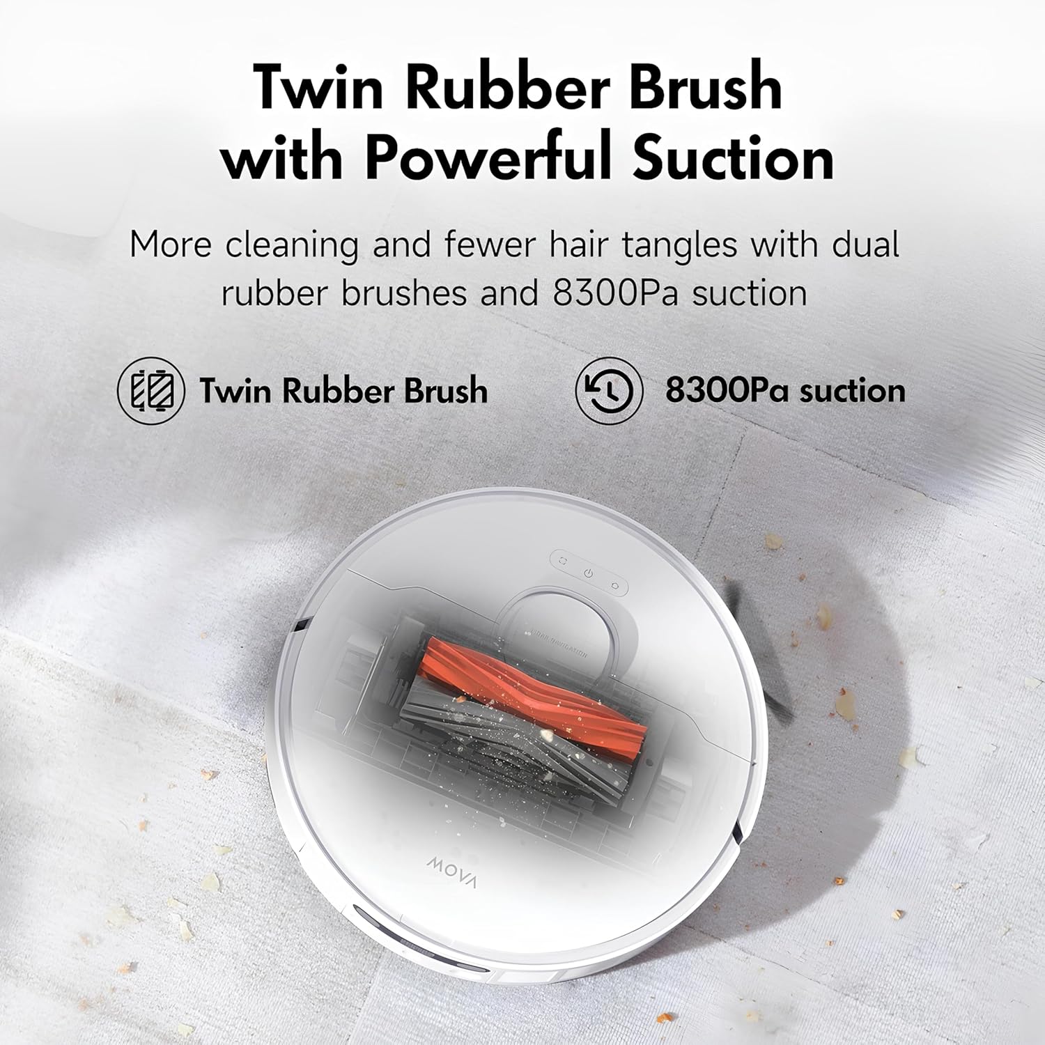 Twin Rubber Brush with Powerful Suction, More cleaning and fewer hair tangles with dual rubber brushes and 8300Pa suction, Twin Rubber Brush, 8300Pa suction