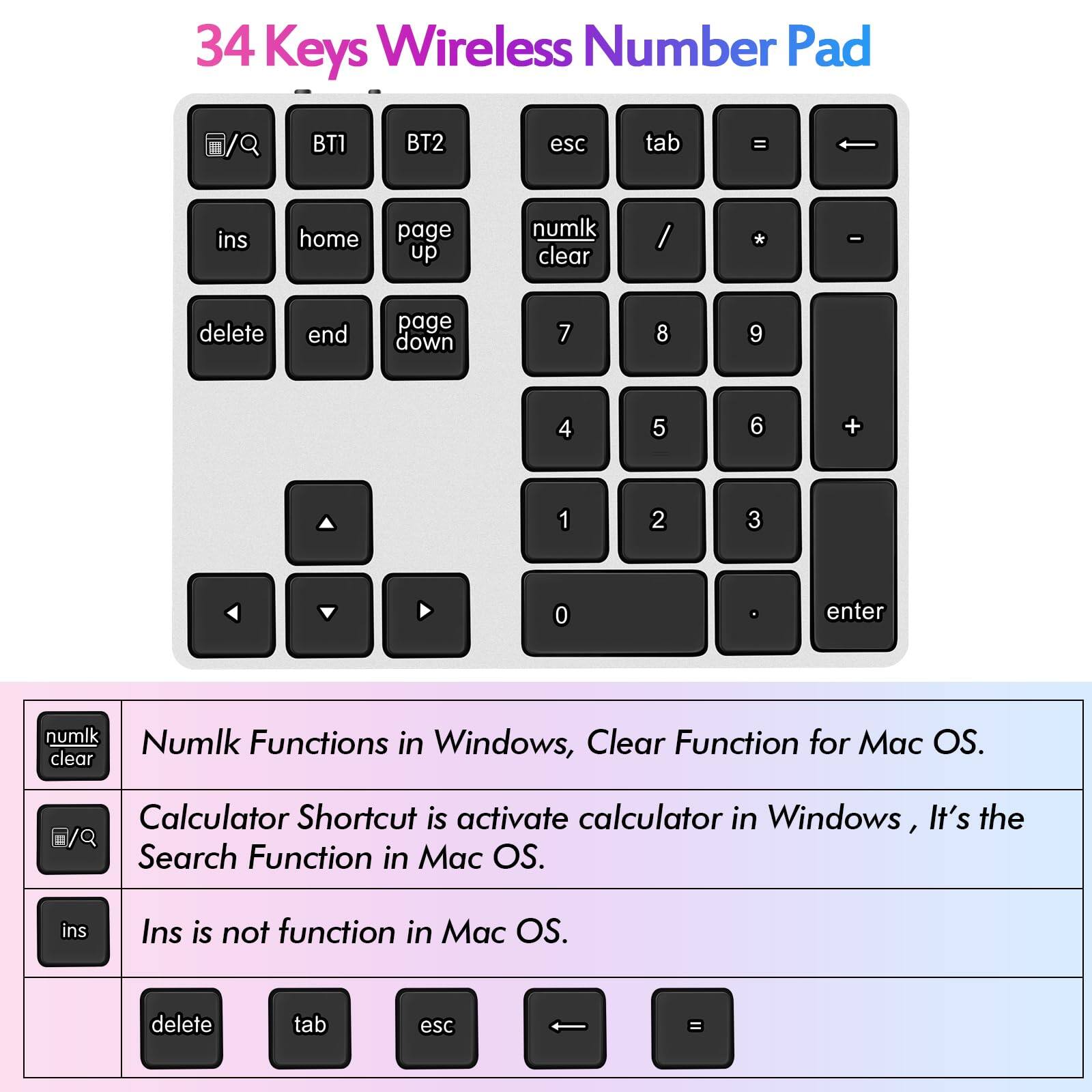 34 Keys Wireless Number Pad

- BT1
- BT2
- esc
- tab
- =
- ←
- ins
- home
- page up
- numlk clear
- /
- *
- -
- delete
- end
- page down
- 7
- 8
- 9
- 4
- 5
- 6
- +
- 1
- 2
- 3
- 0
- .
- enter
- ▲
- ▼
- ◀
- ▶

Numlk Functions in Windows, Clear Function for Mac OS.

Calculator Shortcut is activate calculator in Windows, It's the Search Function in Mac OS.

Ins is not function in Mac OS.