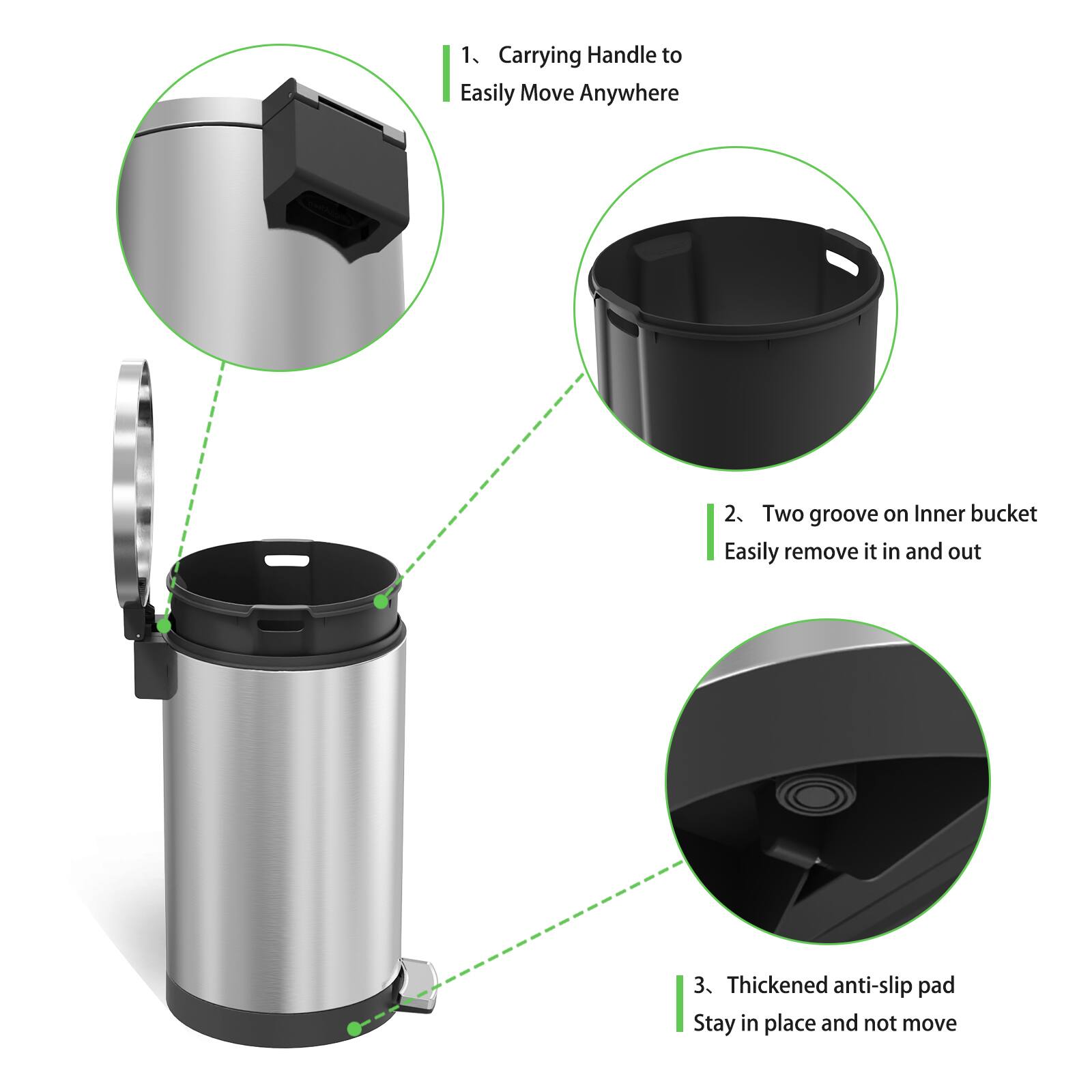 1. Carrying Handle to Easily Move Anywhere  
2. Two grooves on Inner bucket Easily remove it in and out  
3. Thickened anti-slip pad Stay in place and not move