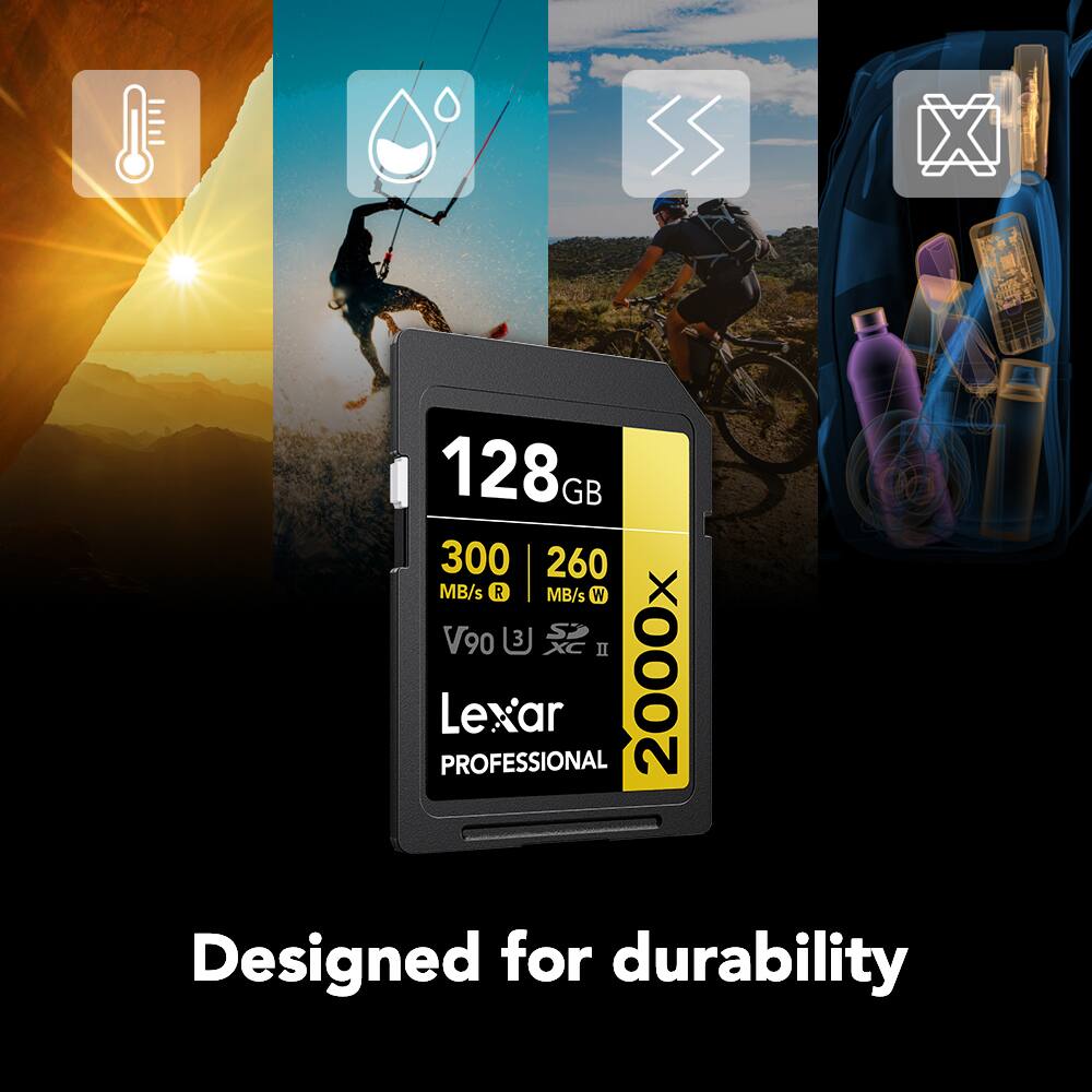 S 2 128GB 300 MB/s R 260 MB/s W V90 3J II PROFESSIONAL Lexar 2000x Designed for durability