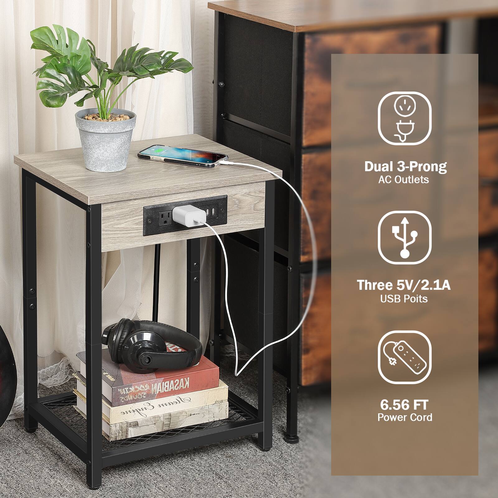 Dual 3-Prong AC Outlets  
Three 5V/2.1A USB Points  
6.56 FT Power Cord