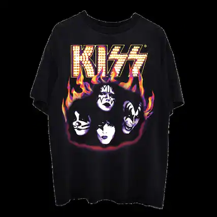 Front. PopMarket - Kiss - KISS Airbrushed Flames Logo Black Unisex Short Sleeve T-shirt Large - APPAREL - Multicolor.