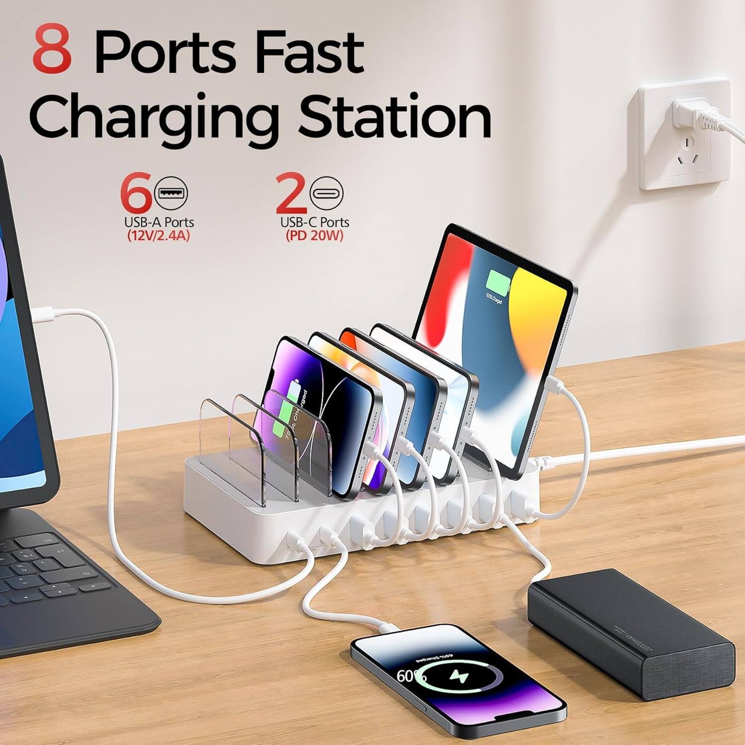 8 Ports Fast Charging Station
6 USB-A Ports (12V/2.4A)
2 USB-C Ports (PD 20W)