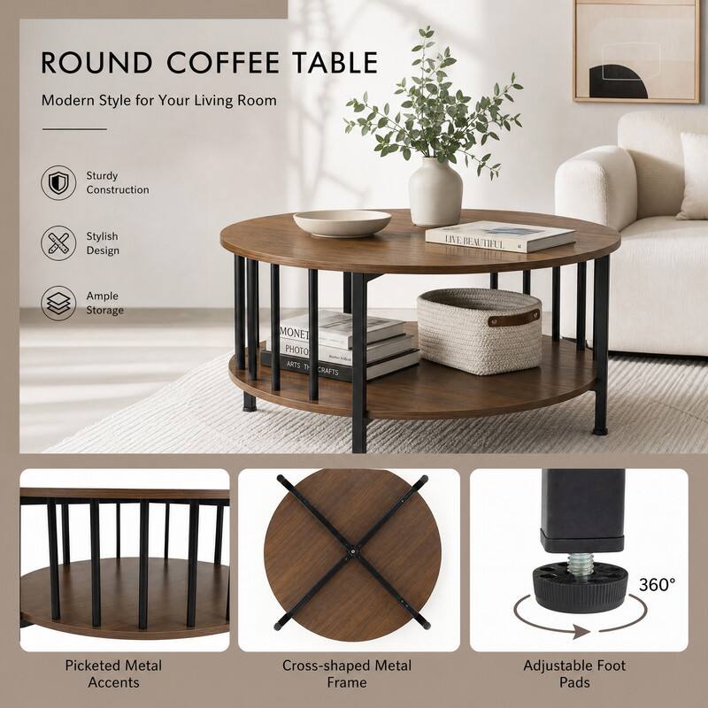 ROUND COFFEE TABLE  
Modern Style for Your Living Room  
Sturdy Construction  
Stylish Design  
Ample Storage  
TIFUL  
MONET PHOTO ARTS T CRAFTS  
360  
Picketed Metal Accents  
Cross-shaped Metal Frame  
Adjustable Foot Pads