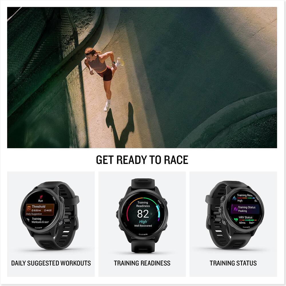 GET READY TO RACE

Run Threshold 08:00/m 0 -48.00

Daily Suggestion Training Workouts 4

Training Readiness 82 High

Well Recovered

Training Status Peaking

HRV Status 60ms

DAILY SUGGESTED WORKOUTS

TRAINING READINESS

TRAINING STATUS