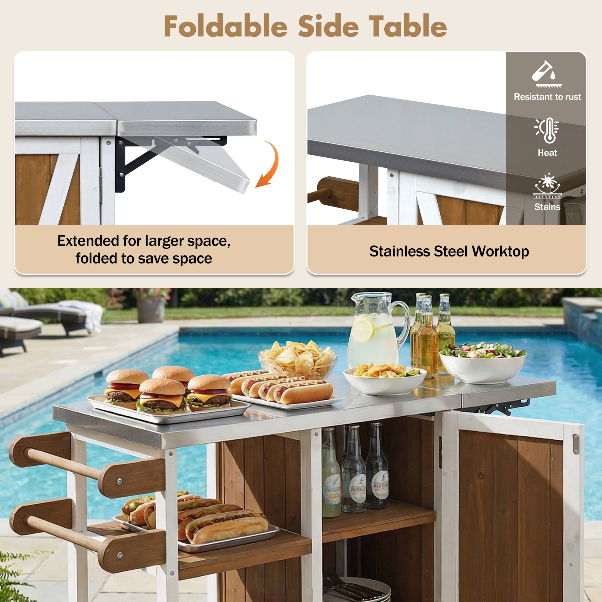 Foldable Side Table

- Extended for larger space, folded to save space
- Resistant to rust
- Heat
- Stains
- Stainless Steel Worktop