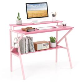 Costway - Home Office Desk with Monitor Stand, Open Shelf & Metal Frame, Earphone Hook - Pink