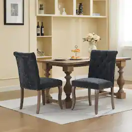 LUCKY ONE - Assembled Tufted Chenille Dining Chair Set of 2 with Curved Solid Wood Legs Club Chair Style - Black