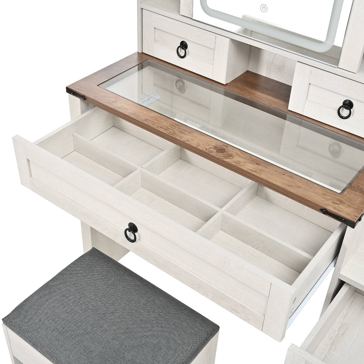 Alt View 10. Loheer - Loheer Farmhouse Vanity Desk with LED Mirror, Glass Top, Charging Station and Stool - White.