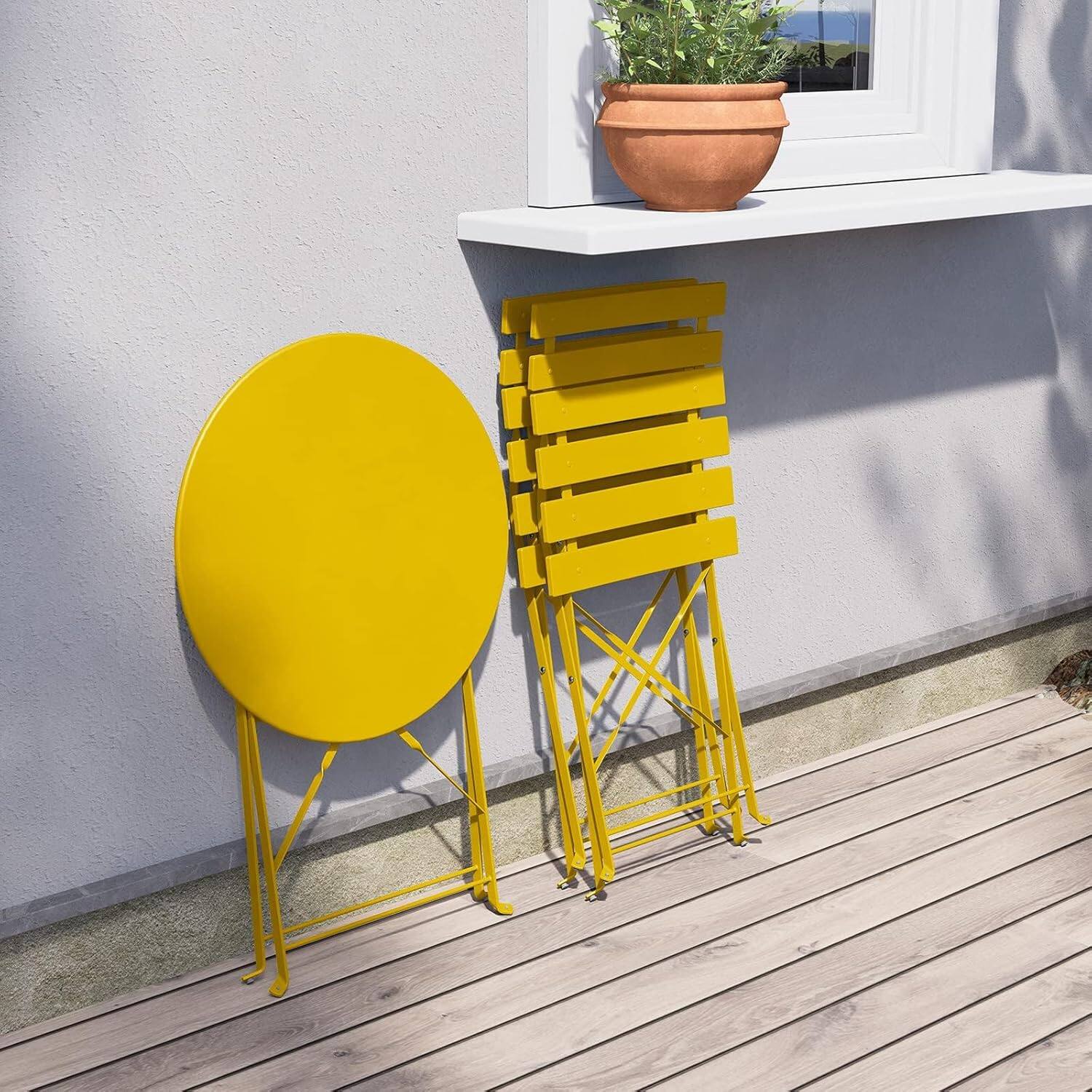 Back. Decksplore - 3 Piece Foldable Patio Set, Bistro Set, Outdoor Table and Chairs,Weather-Resistant Outdoor/Indoor - Yellow.