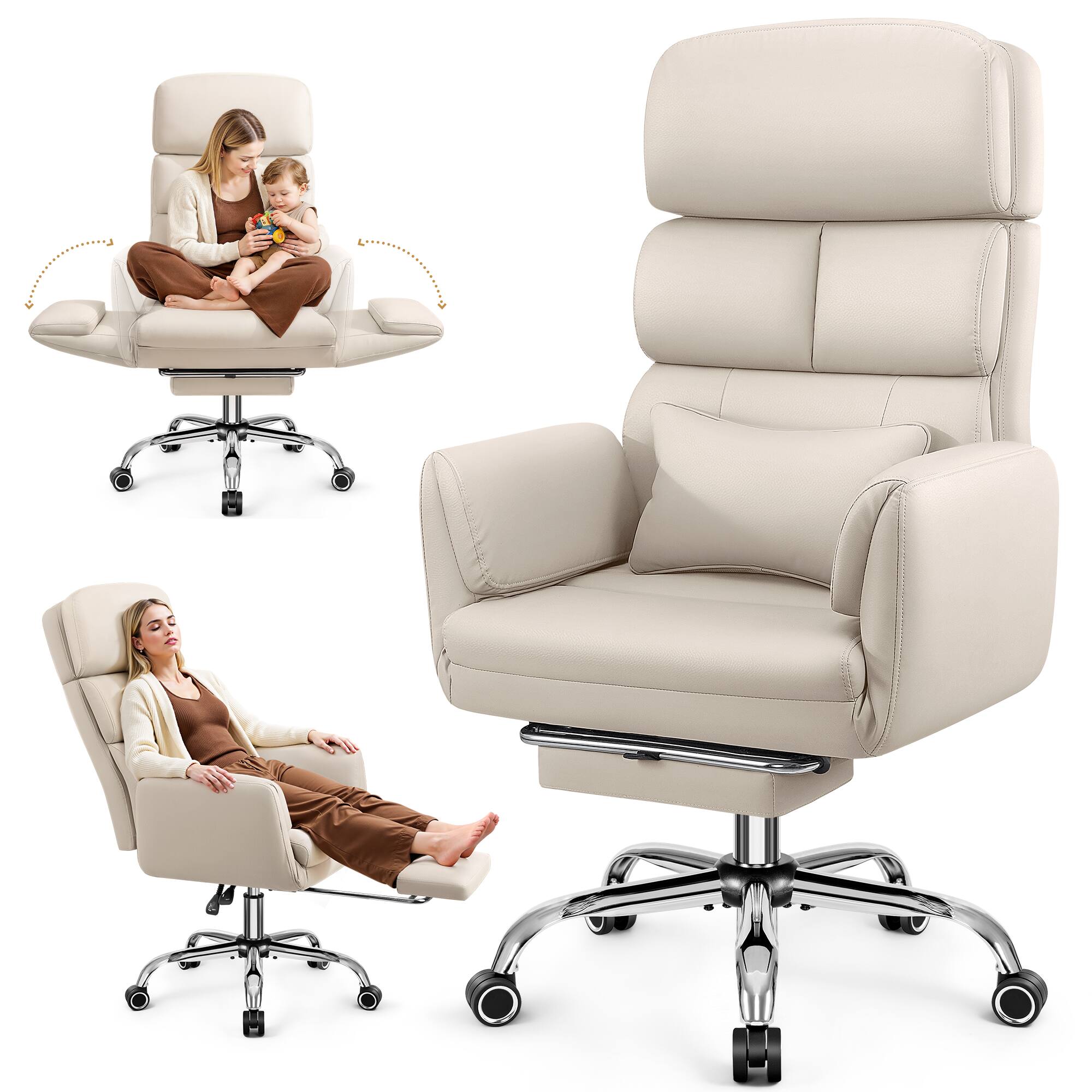 KERDOM - Big Tall Desk Chair with Reversible Arms, PU Leather Executive Manager Boss Chair with Lifting Headrest & Lumbar Pillow - Beige